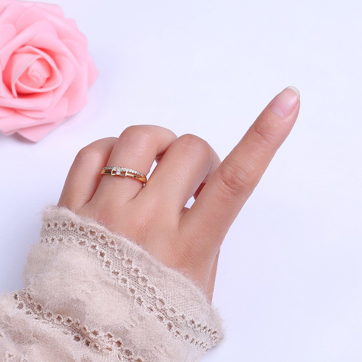 Dainty Gold Filled Bow CZ Ring Open Adjustable Ring S-514 - DLUXCA