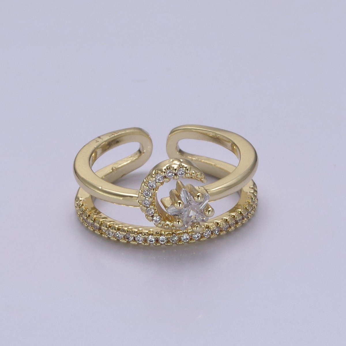 Dainty Gold Filled Crescent Moon With CZ Star Ring Celestial Jewelry S-437 S-438 - DLUXCA