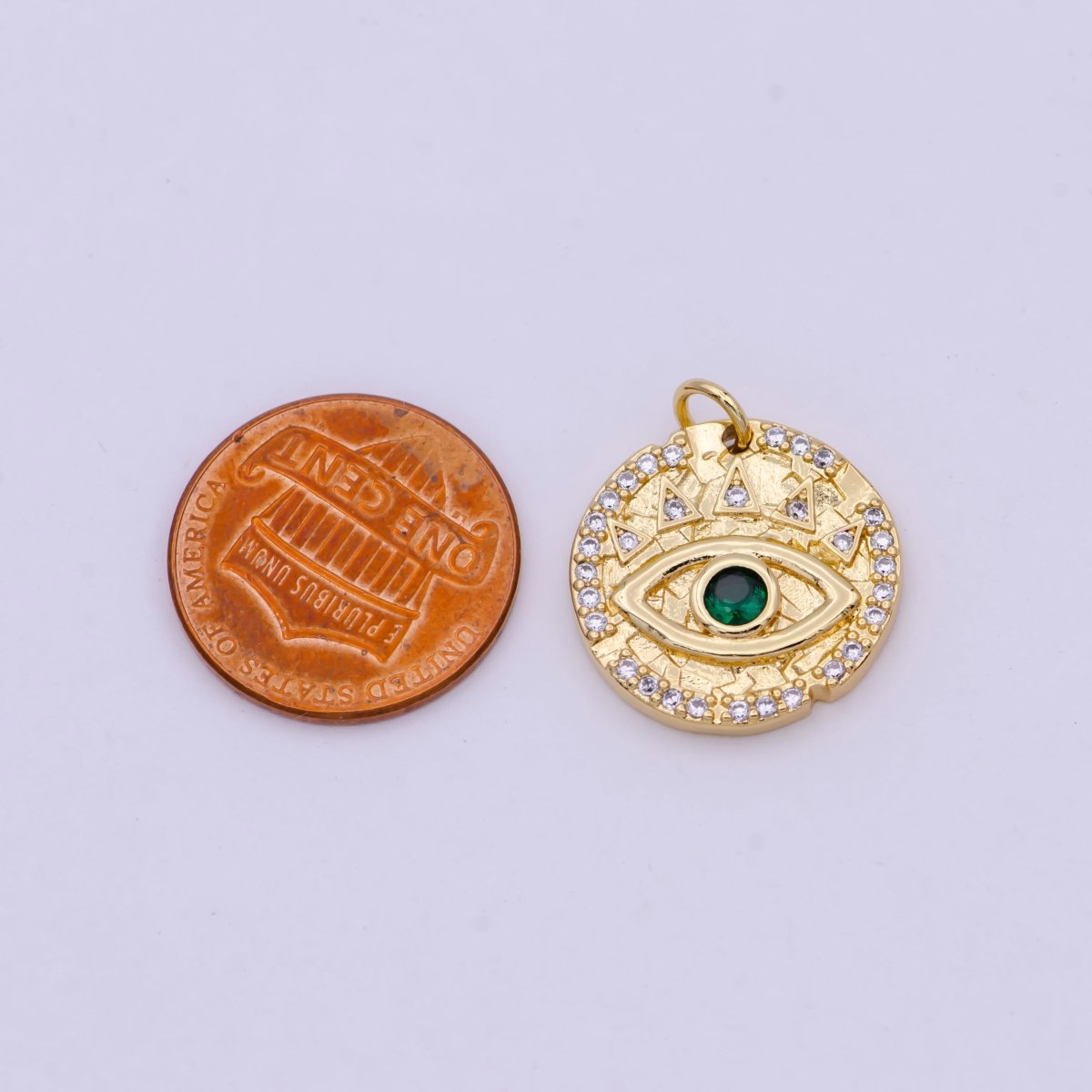 Dainty Gold Filled Evil Eye Charm with Green Emerald Cz Stone Coin Charm for Bracelet Necklace Supply N-362 - DLUXCA