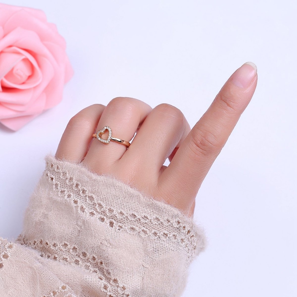 Dainty Gold Filled Heart CZ Ring Adjustable S-511 - DLUXCA