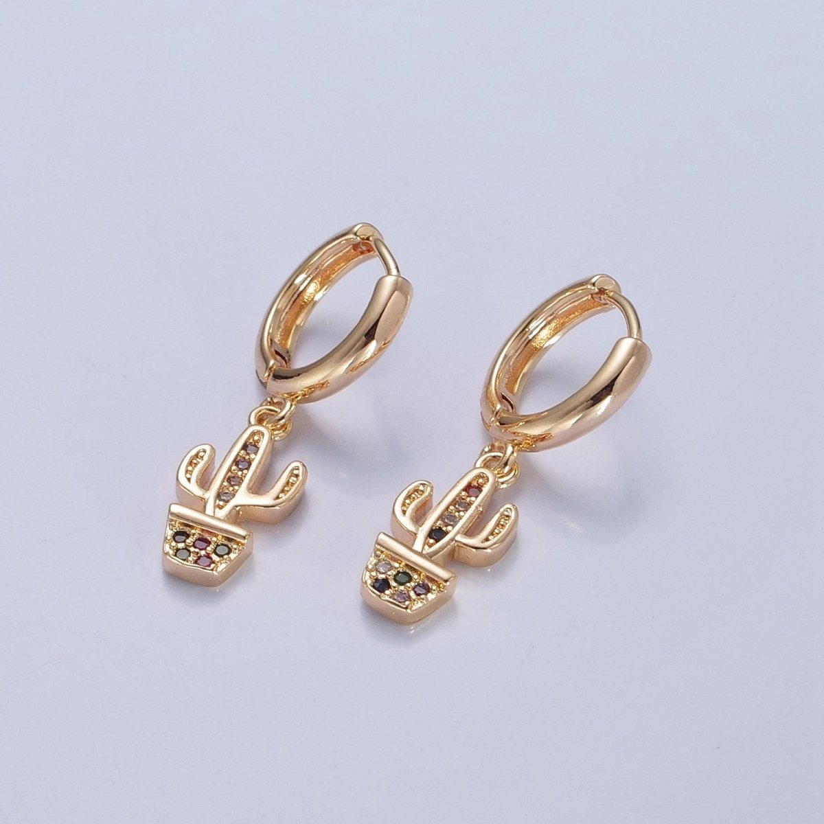 Dainty Gold Filled Huggie Earring with Cactus Charm V-438 - DLUXCA