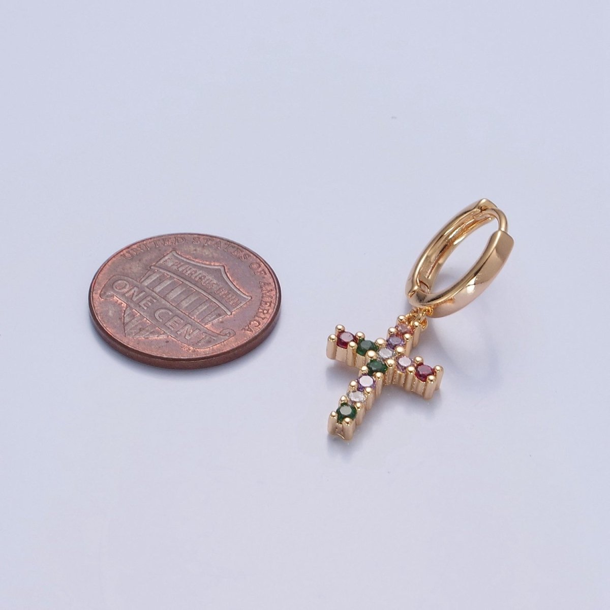 Dainty Gold Filled Huggie Earring with Cross Charm V-435 - DLUXCA
