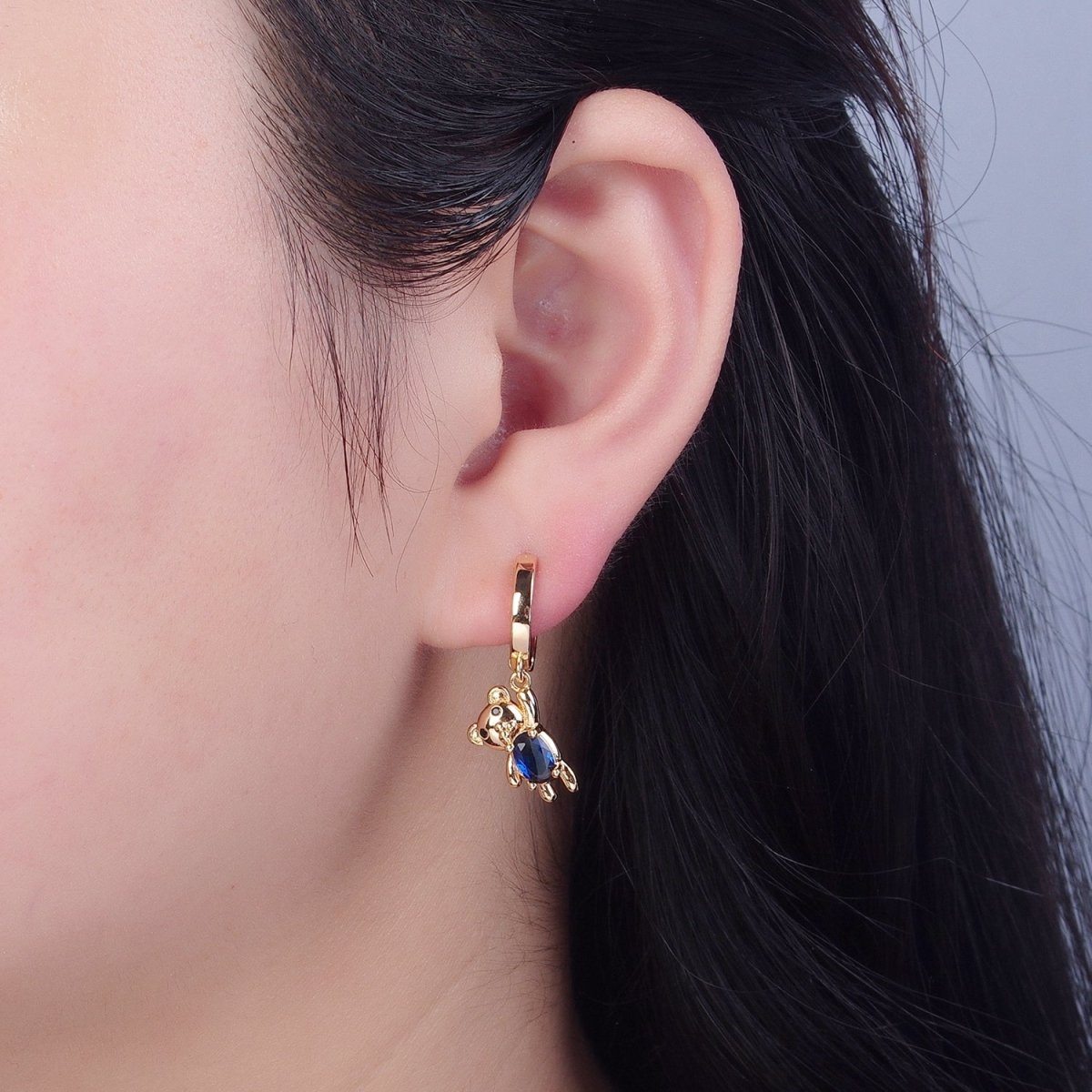 Dainty Gold Filled Huggie Earring with Teddy Bear Charm V-441 - DLUXCA