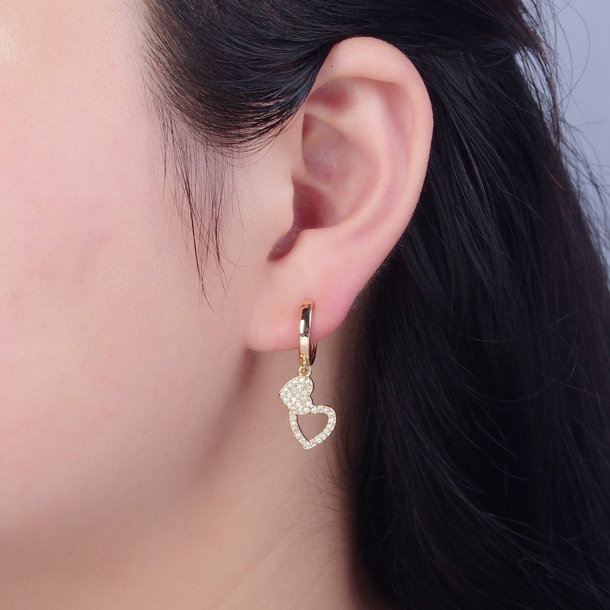 Dainty Gold Filled Huggie Earring with Two Heart Charm V-439 - DLUXCA