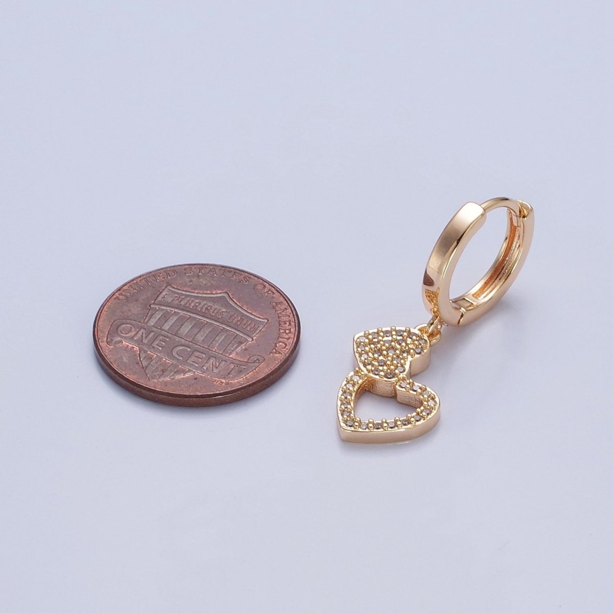 Dainty Gold Filled Huggie Earring with Two Heart Charm V-439 - DLUXCA