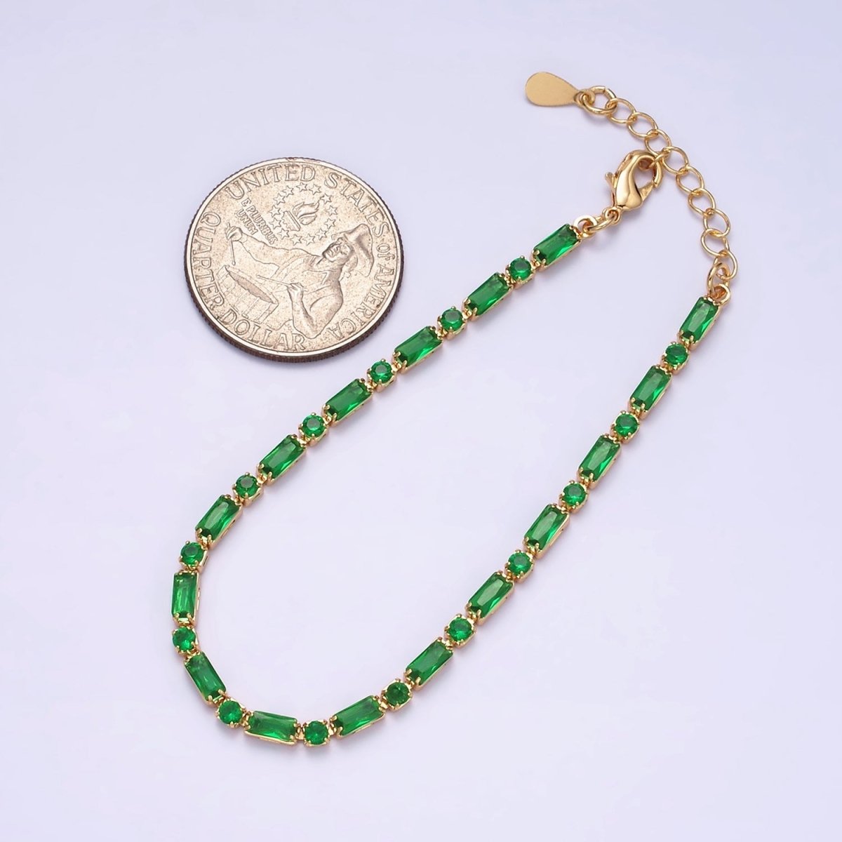 Dainty Gold Filled Tennis Bracelet Emerald Green Mix Baguette Round Cubic Zirconia Link Tennis Bracelet Minimalist Jewelry | WA-1787 Clearance Pricing - DLUXCA