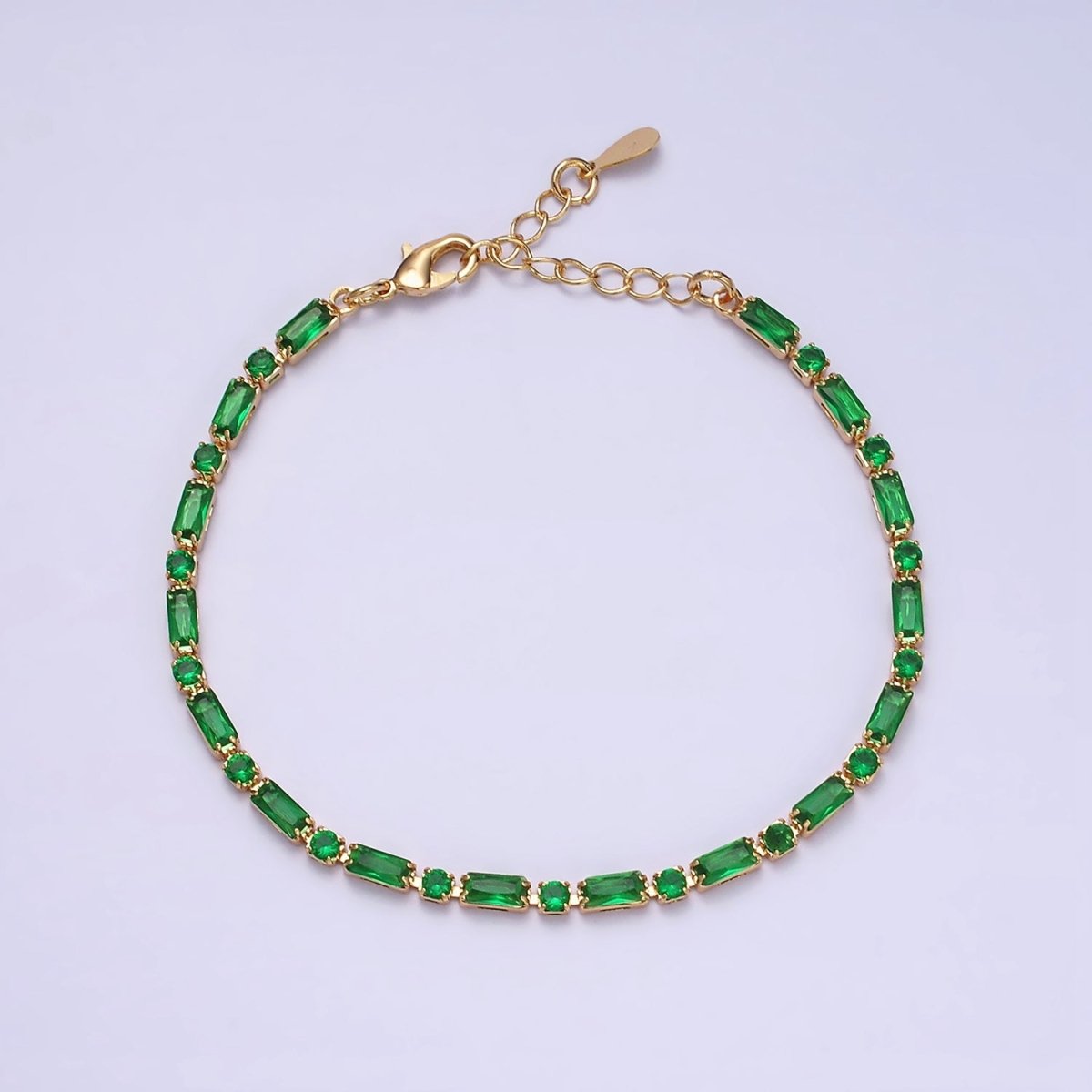 Dainty Gold Filled Tennis Bracelet Emerald Green Mix Baguette Round Cubic Zirconia Link Tennis Bracelet Minimalist Jewelry | WA-1787 Clearance Pricing - DLUXCA