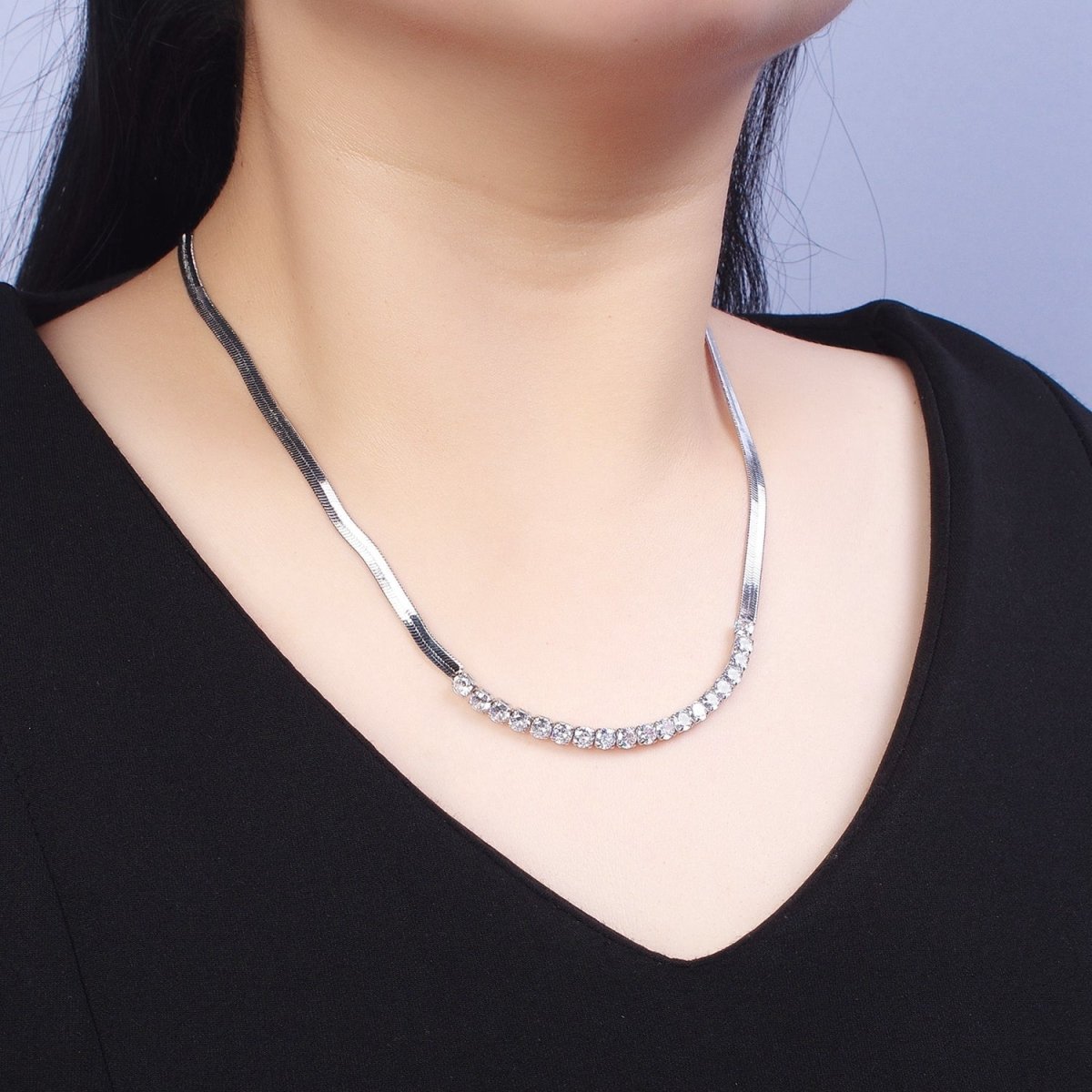 Dainty Gold Herringbone Necklace, Gold Flat Snake Chain Layered Choker, Cubic Zirconia Diamond Layer Chain Necklace for Her | WA-1086 WA-1087 Clearance Pricing - DLUXCA