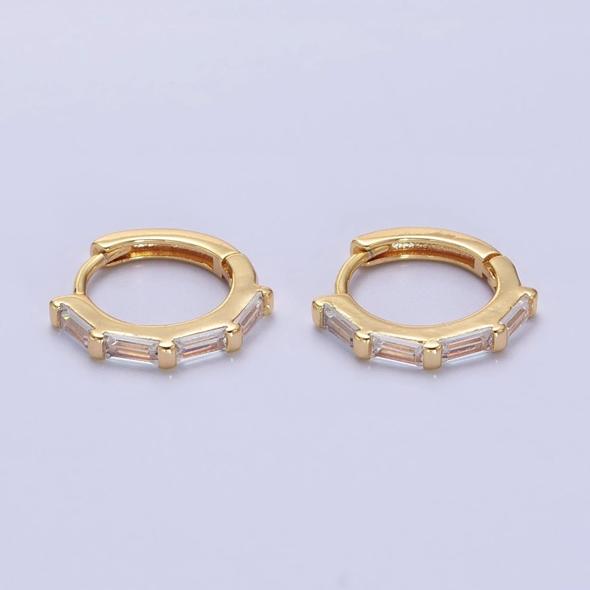 Dainty Gold Huggie Earring with Clear Baguette CZ Stone Lever Back Earing AB664 - DLUXCA