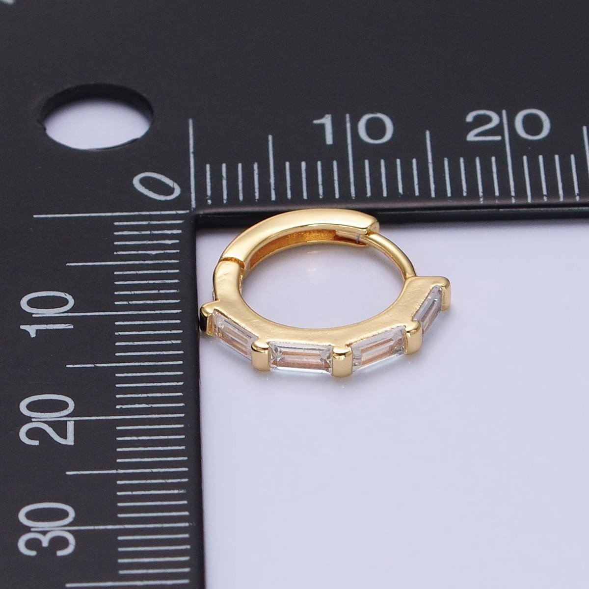 Dainty Gold Huggie Earring with Clear Baguette CZ Stone Lever Back Earing AB664 - DLUXCA