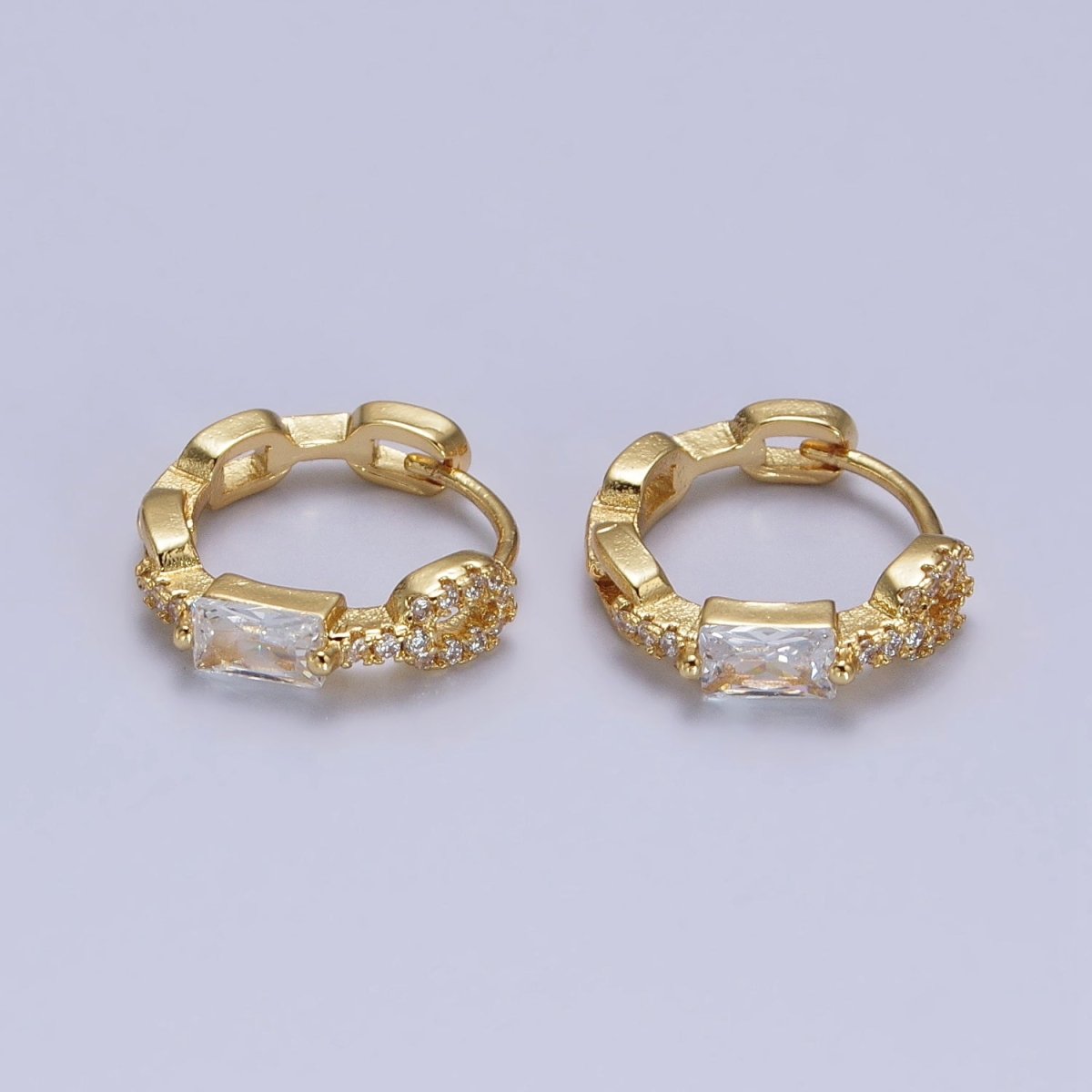 Dainty Gold Huggie Earrings Emerald Cut Cz Diamond Hoops Minimalist Jewelry AB194 - DLUXCA