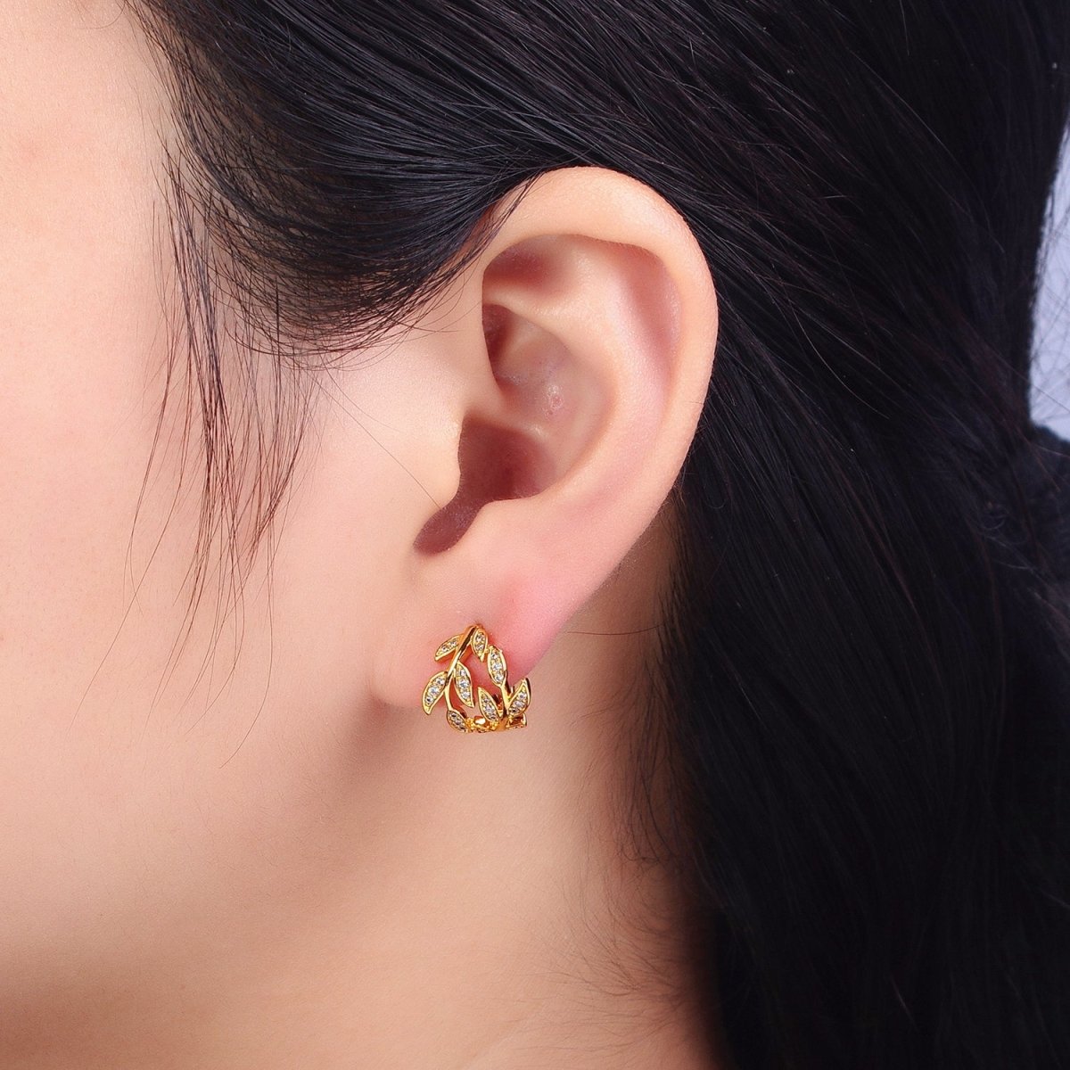 Dainty Gold Laurel Leaves Hoop Earrings CZ Olive Leaf Huggie Earrings Modern Earrings | AB126 - DLUXCA