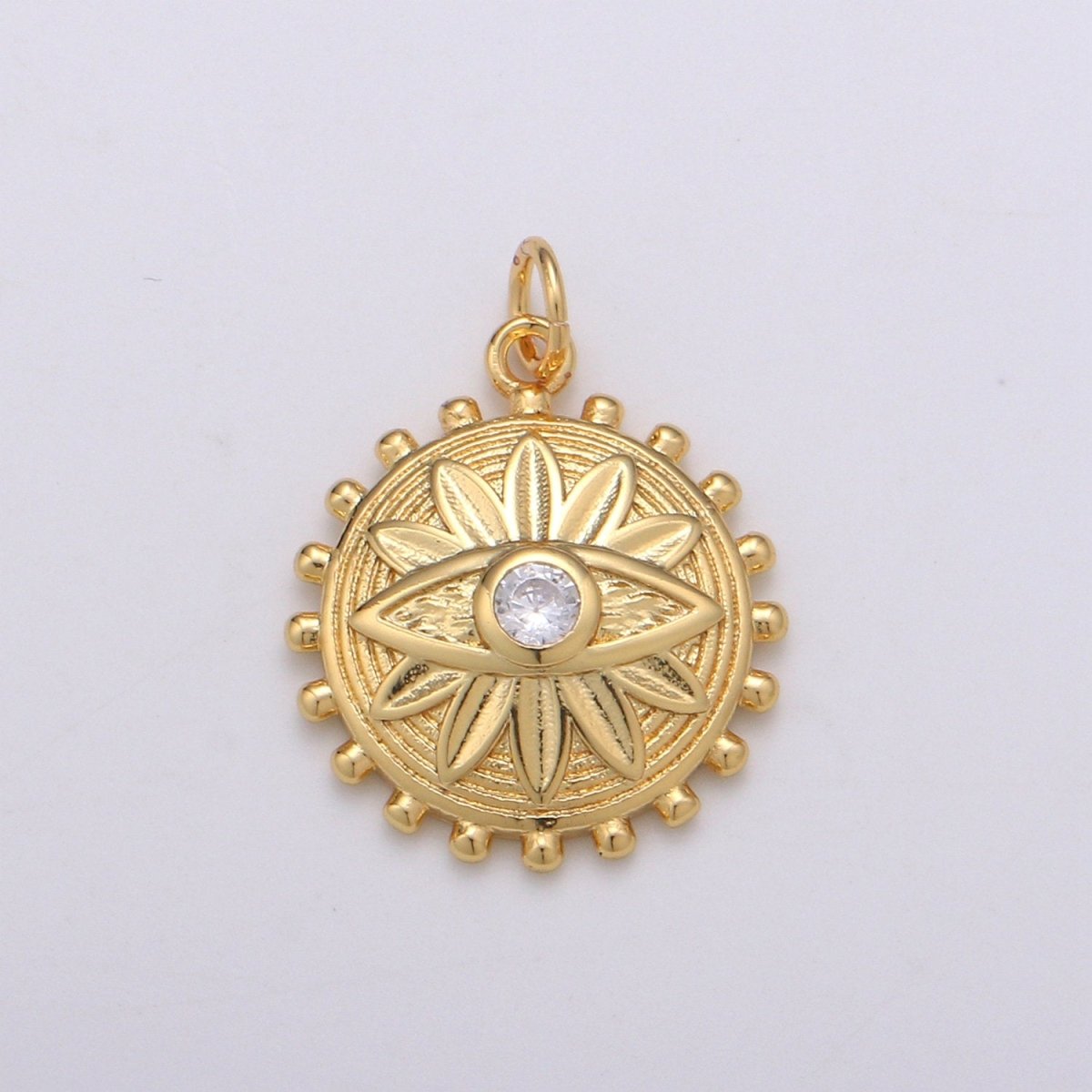 Dainty Gold Medallion Charm, 14K Gold Filled Evil Eye Charm, Cubic Zirconia Amulet Charm, Round Disc Jewelry, Micro Pave Lotus Bohemian Charm | C-514 - DLUXCA