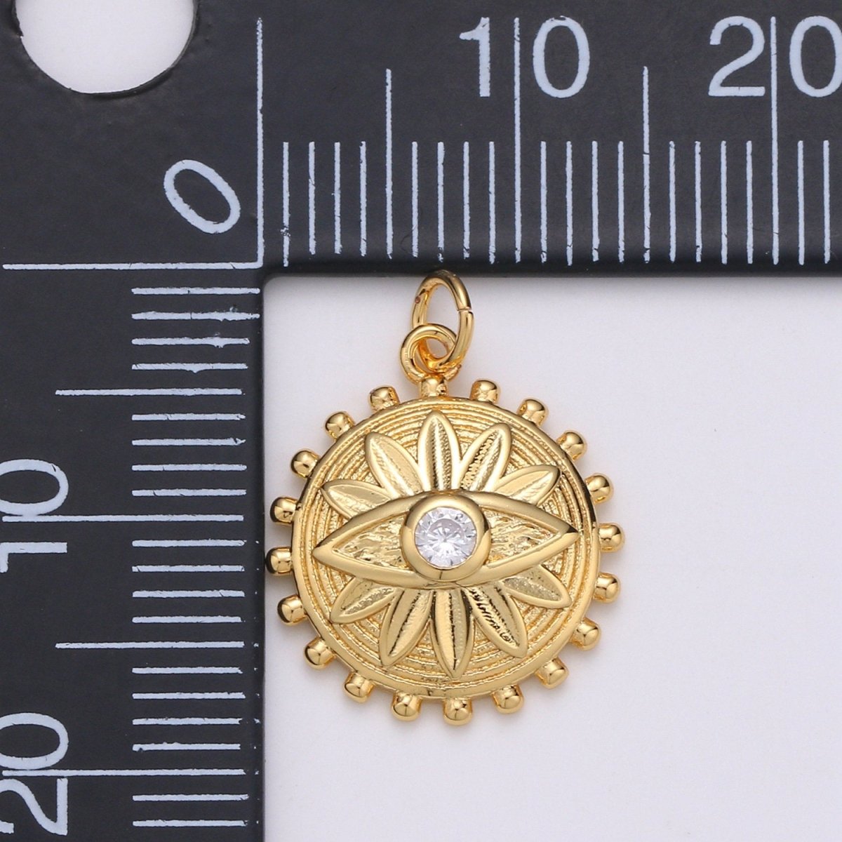 Dainty Gold Medallion Charm, 14K Gold Filled Evil Eye Charm, Cubic Zirconia Amulet Charm, Round Disc Jewelry, Micro Pave Lotus Bohemian Charm | C-514 - DLUXCA