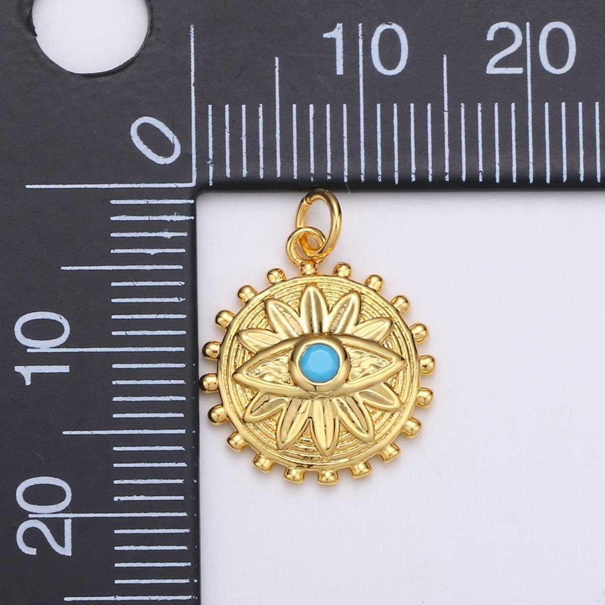Dainty Gold Medallion Charm 14k Gold Filled Evil Eye Charm, Cubic Zirconia Amulet Charm, Turquoise Jewelry, Micro Pave Lotus Bohemian D-724 - DLUXCA