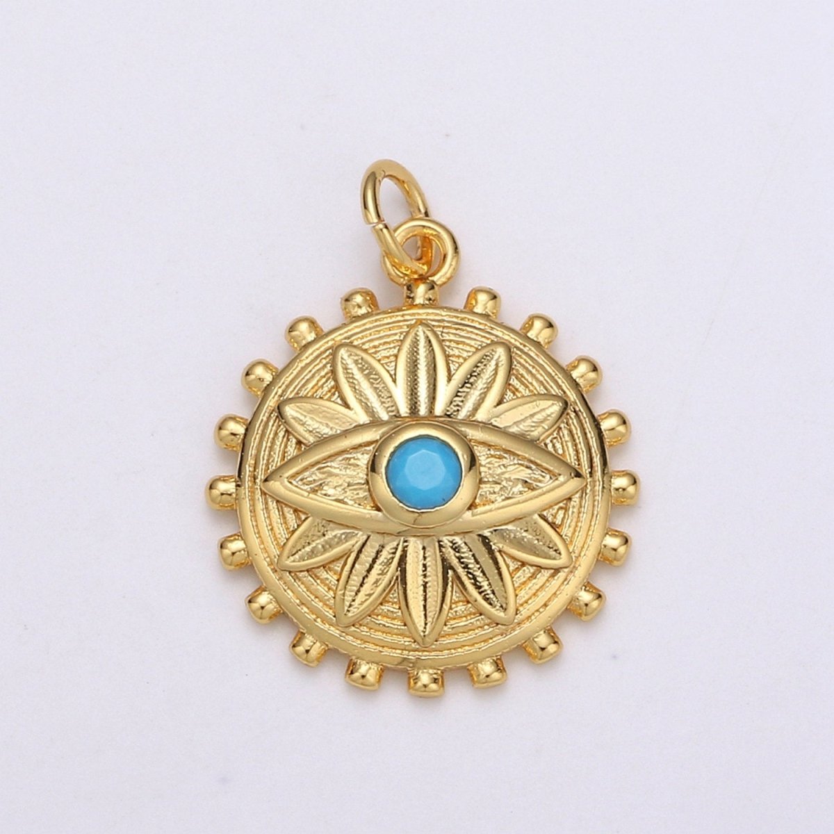 Dainty Gold Medallion Charm 14k Gold Filled Evil Eye Charm, Cubic Zirconia Amulet Charm, Turquoise Jewelry, Micro Pave Lotus Bohemian D-724 - DLUXCA