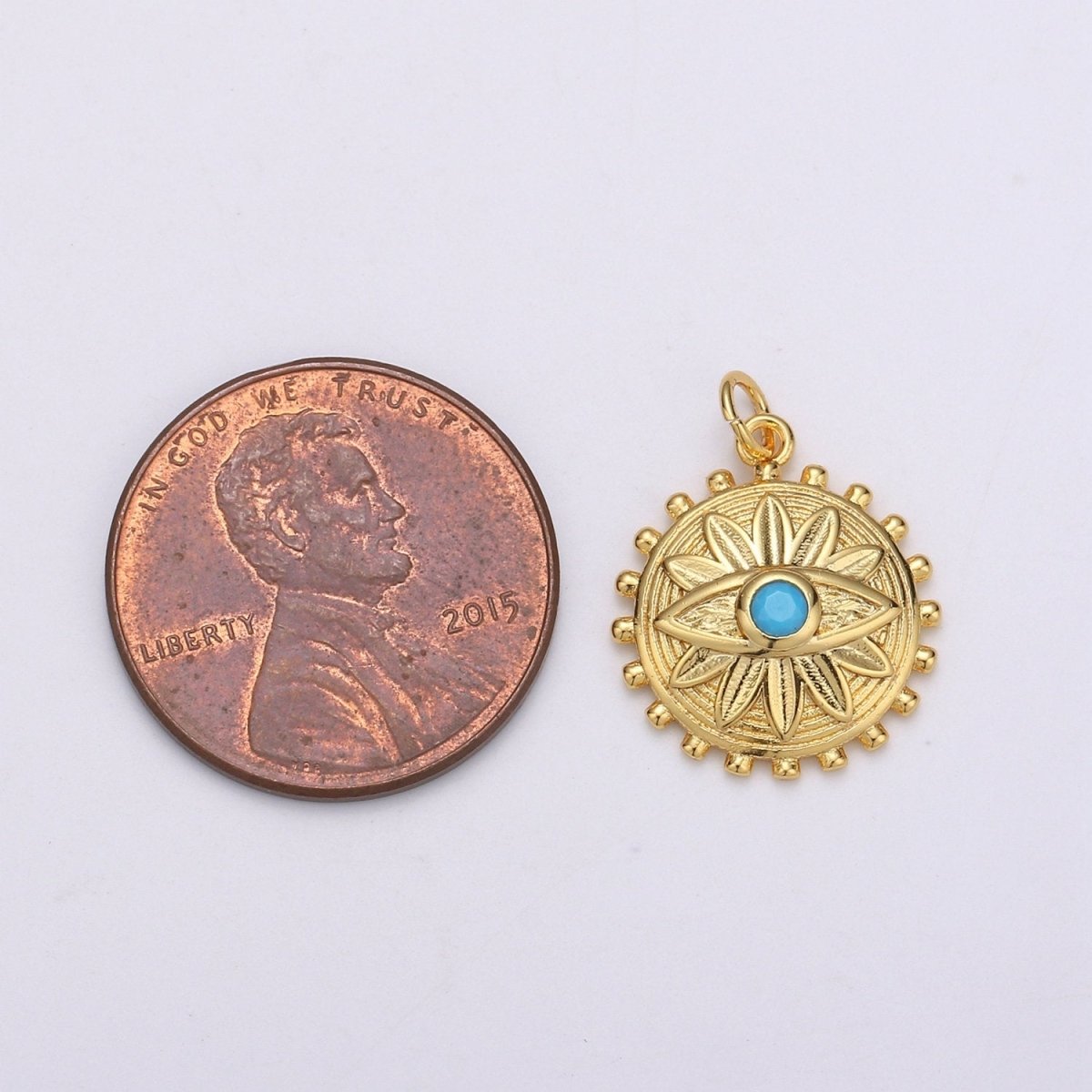 Dainty Gold Medallion Charm 14k Gold Filled Evil Eye Charm, Cubic Zirconia Amulet Charm, Turquoise Jewelry, Micro Pave Lotus Bohemian D-724 - DLUXCA