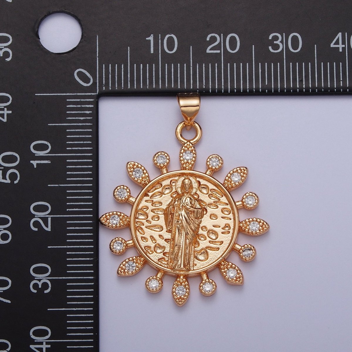 Dainty Gold Micro Paved CZ Saint Jude Pendant Sun Medallion Pendant San Judas Charm For DIY Religious Jewelry Making H-191 - DLUXCA