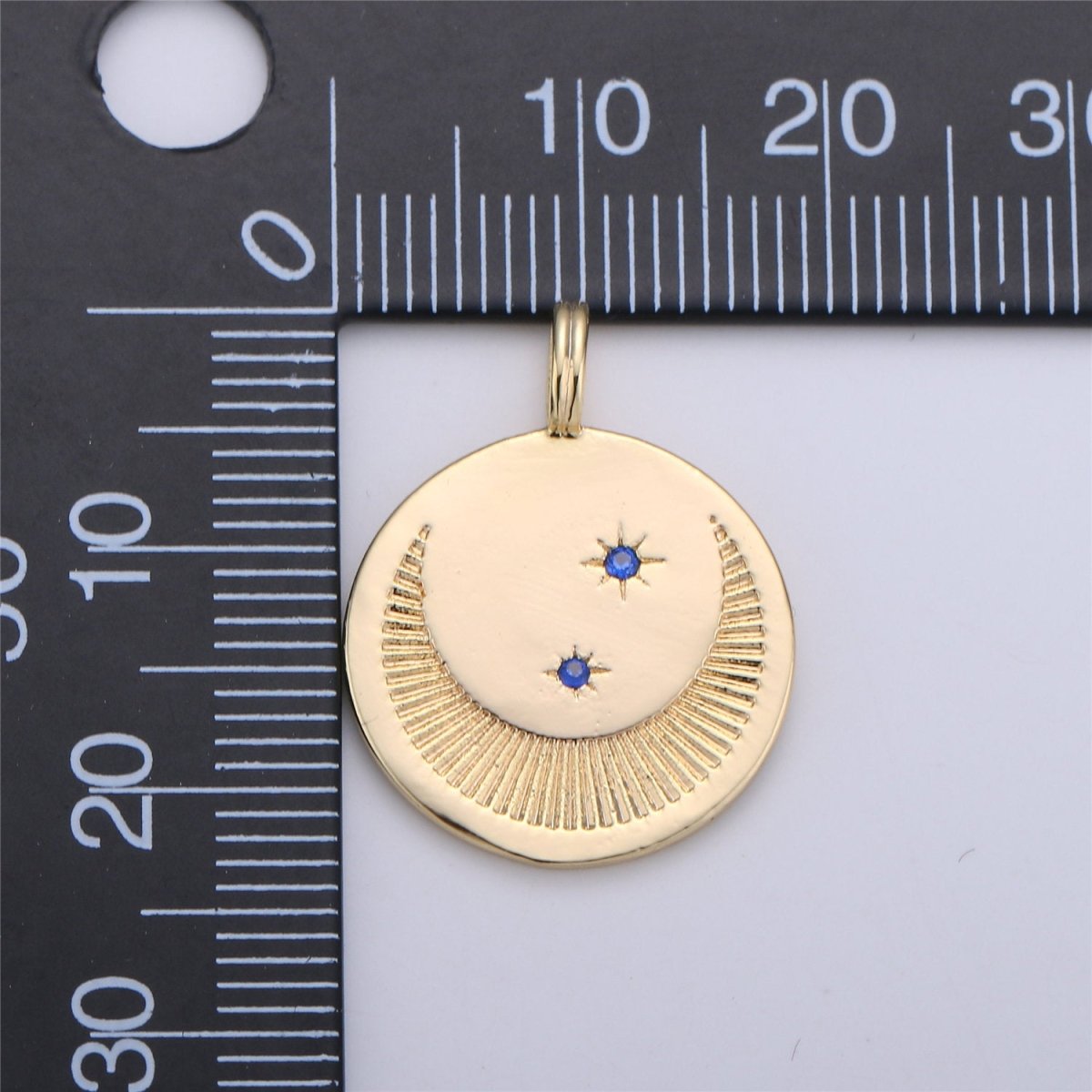 Dainty Gold Moon and Star Medallion Pendant - 18k gold Filled Crescent Moon Round Disc Charm Necklace Pendant C-697 - DLUXCA