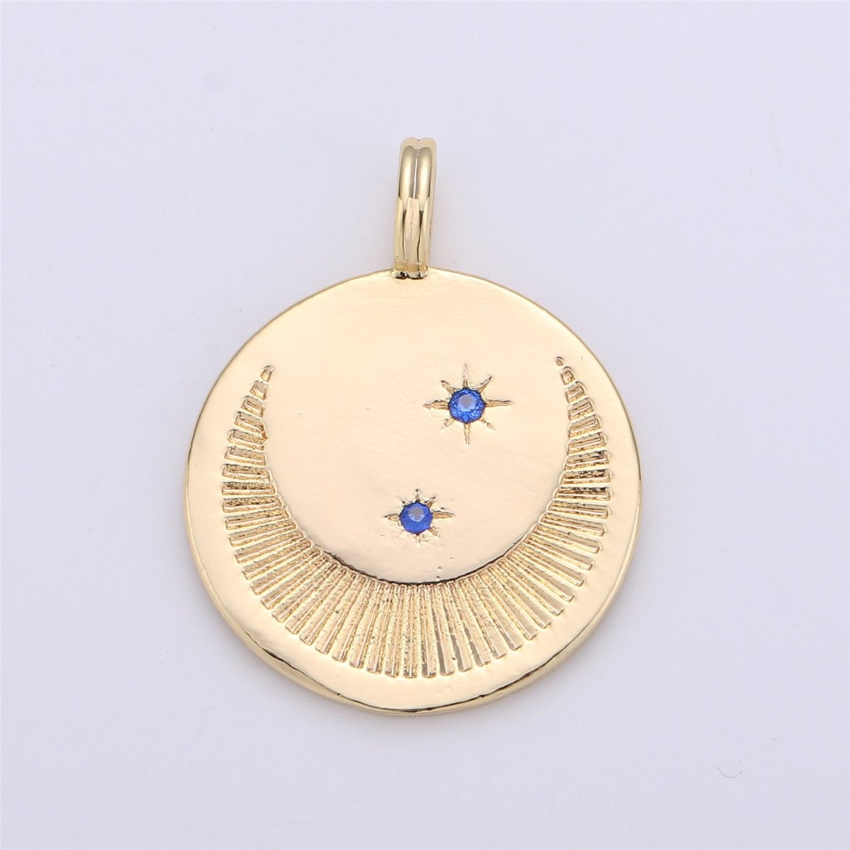 Dainty Gold Moon and Star Medallion Pendant - 18k gold Filled Crescent Moon Round Disc Charm Necklace Pendant C-697 - DLUXCA