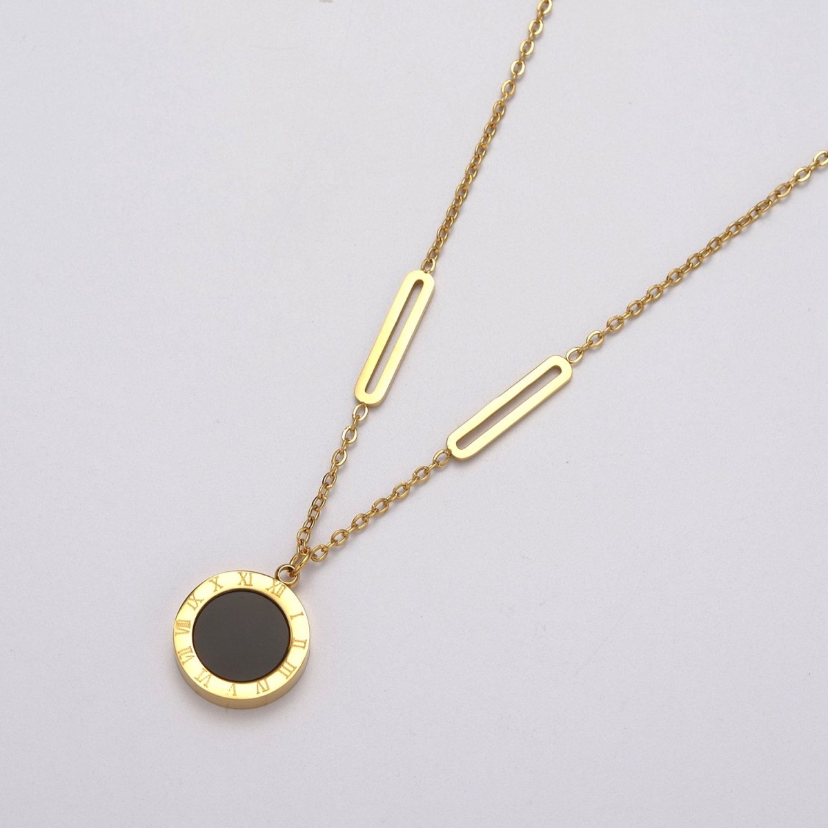 Dainty Gold Necklace-Cable Gold Plated over Stainless Steel Clock Pearl Black Charm Necklace | WA-917 Clearance Pricing - DLUXCA