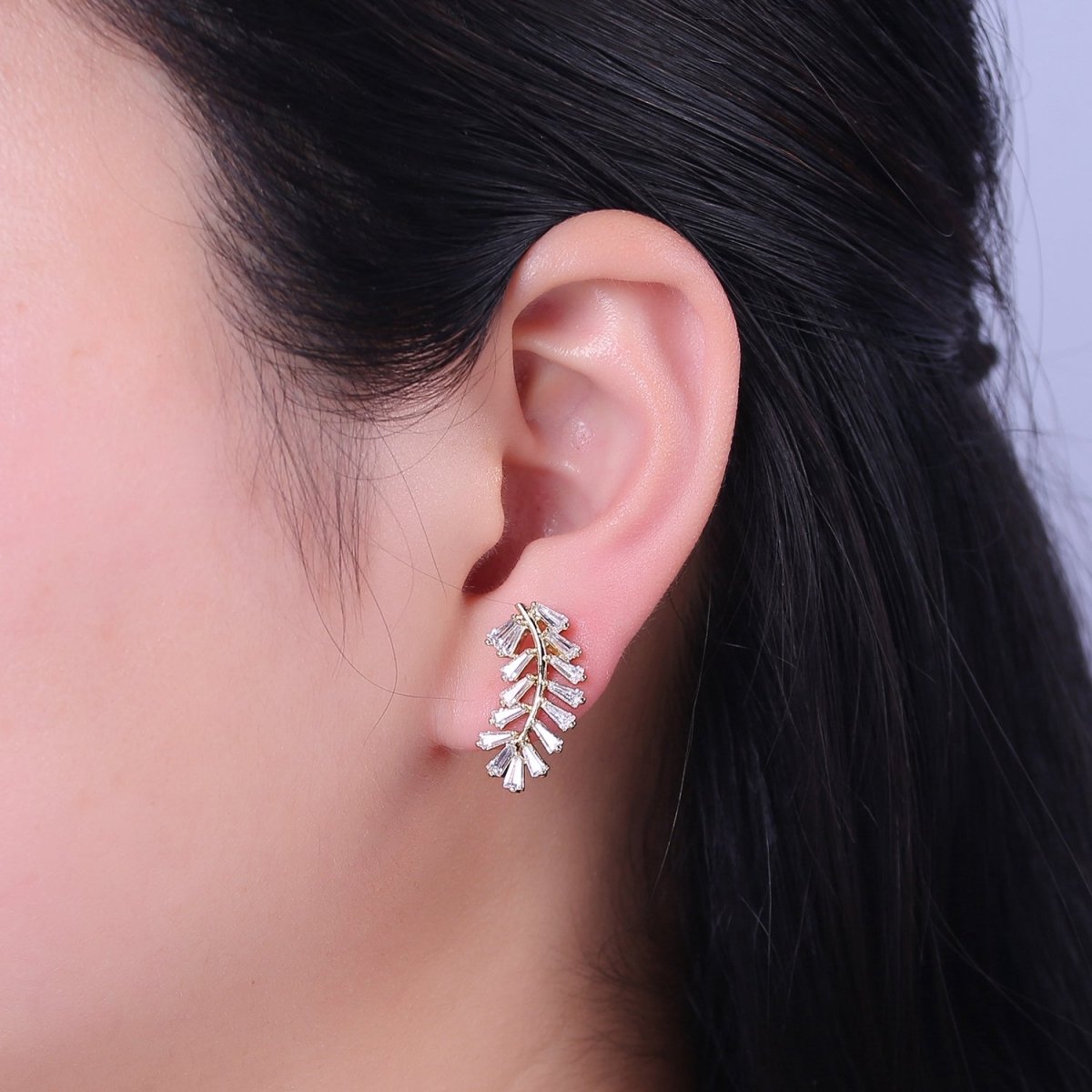 Dainty Gold Olive Leaf Earring Stud Earrings, Ear Climber, Delicate Earrings, Minimalist, Edgy Earrings CZ Cubic Simple earring Gift for Her V-159 - DLUXCA