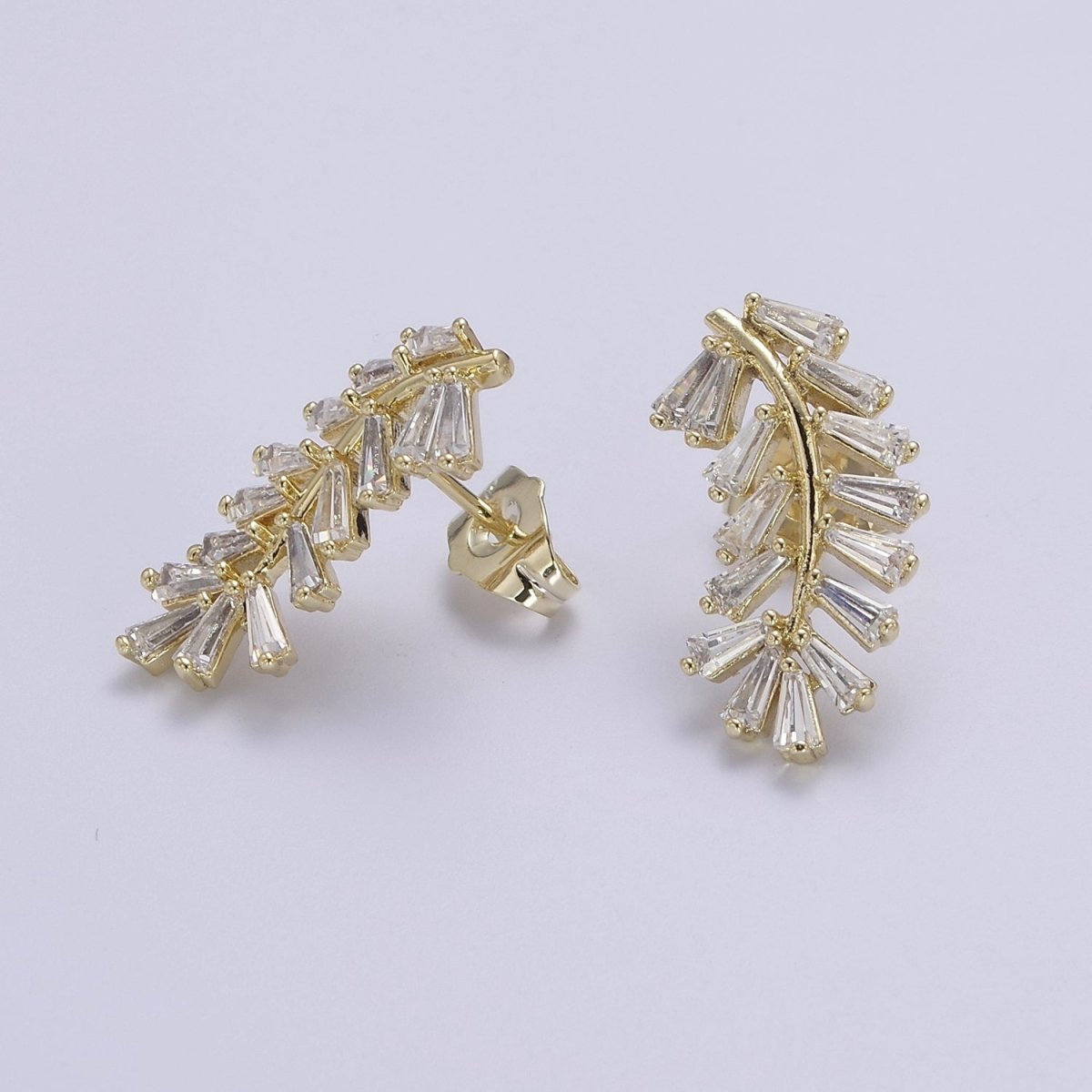 Dainty Gold Olive Leaf Earring Stud Earrings, Ear Climber, Delicate Earrings, Minimalist, Edgy Earrings CZ Cubic Simple earring Gift for Her V-159 - DLUXCA