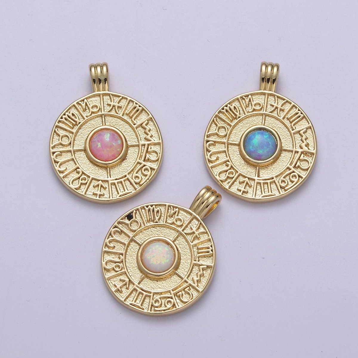 Dainty Gold Opal Zodiac Medallion Horoscope Coin Pendant H-281 H-283 H-284 - DLUXCA