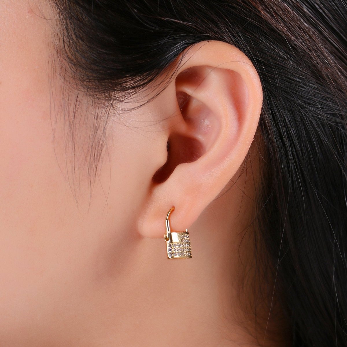 Dainty Gold padlock Earrings, CZ Hopp Earrings, Gold Hoop Lock Earrings, Micro Pave gold lock Huggie, Love Jewelry for gift idea Q-153 - DLUXCA