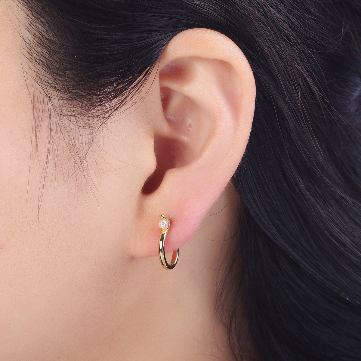 Dainty Gold Pearl Geometric S-Shaped Hoop Stud Earrings | AB193 - DLUXCA