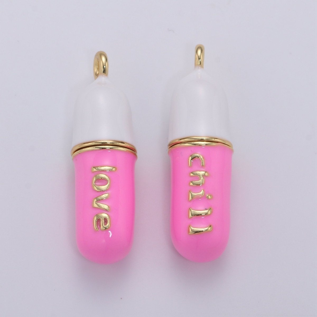 Dainty Gold Pill Bar Pendant Enamel Pink Love Chill Charm 24k Gold Filed Pendant for Bracelet Necklace Earring Component Supply 29x8mm, D-313, D-314 - DLUXCA