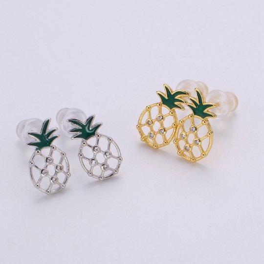 Dainty Gold Pineapple Stud Earrings, Gold Stud, Silver Stud, Gold Earring Minimalist Fruit Design for Valentine gift Q-374 Q-375 - DLUXCA