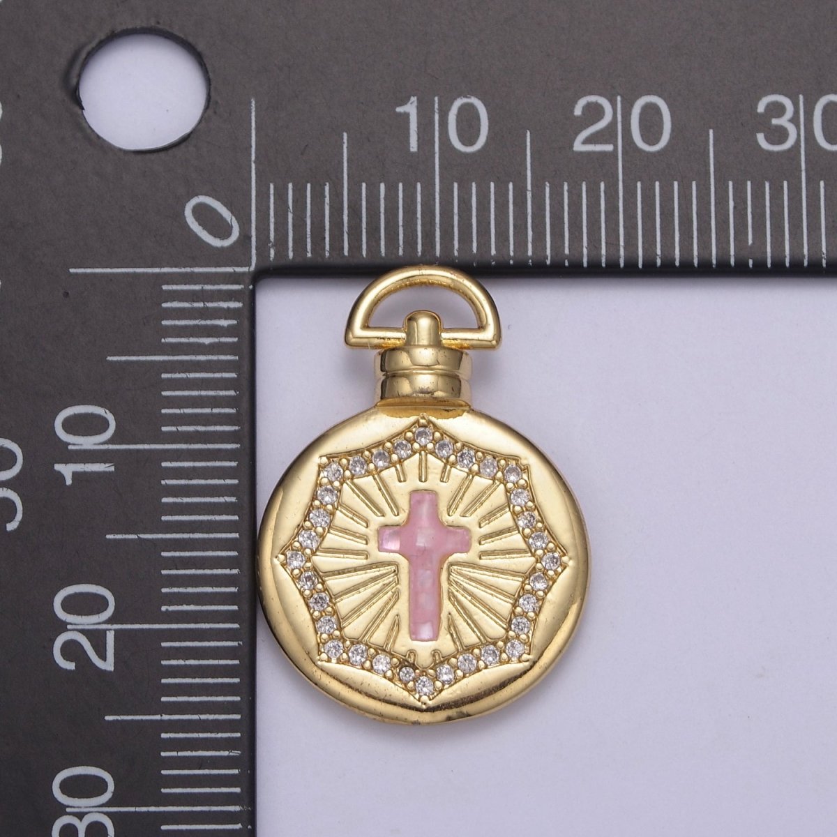 Dainty Gold Pink Shell Cross Pendant Micro Pave Round Medallion Pink / White Shell Religious Jewelry Making H-613 H-618 - DLUXCA