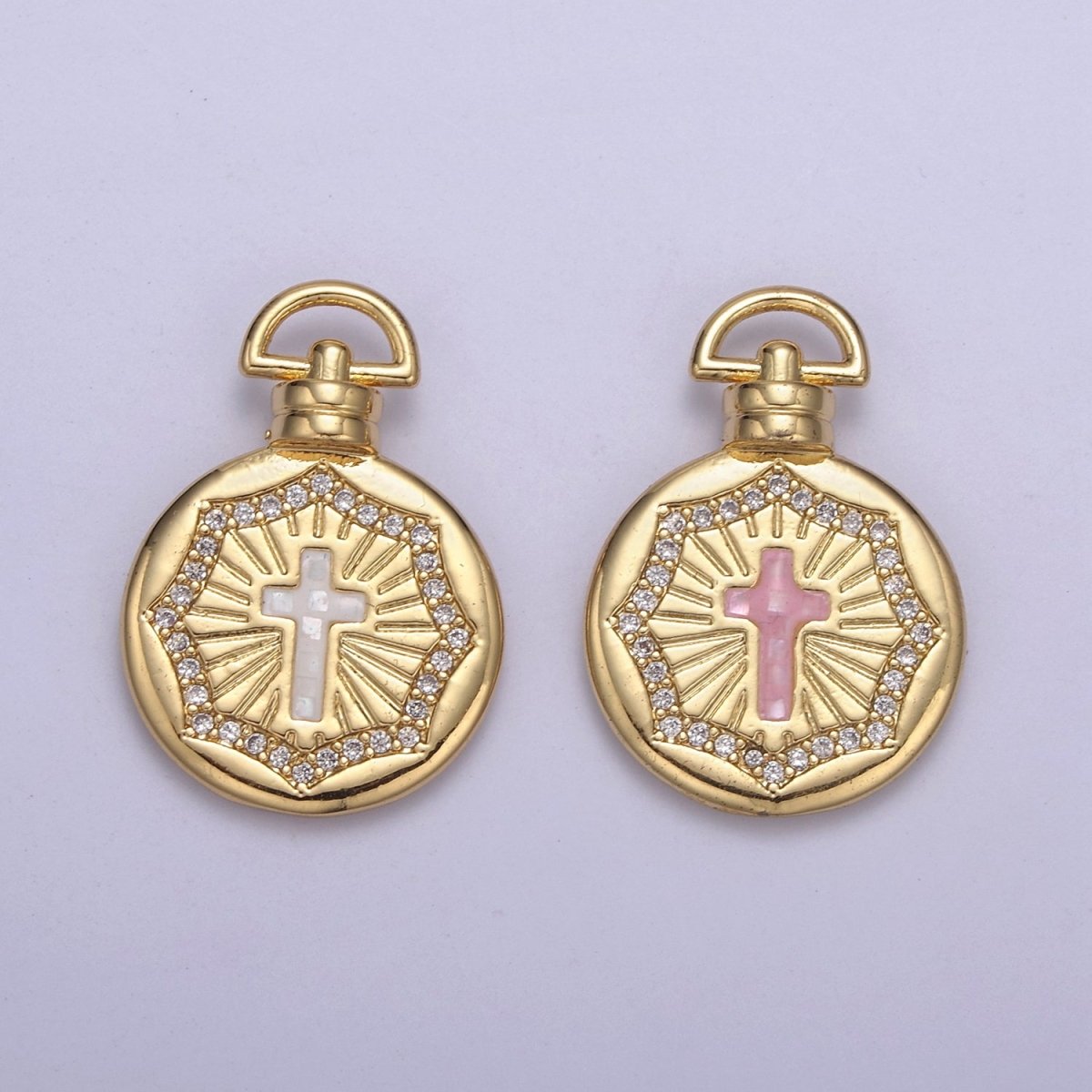 Dainty Gold Pink Shell Cross Pendant Micro Pave Round Medallion Pink / White Shell Religious Jewelry Making H-613 H-618 - DLUXCA