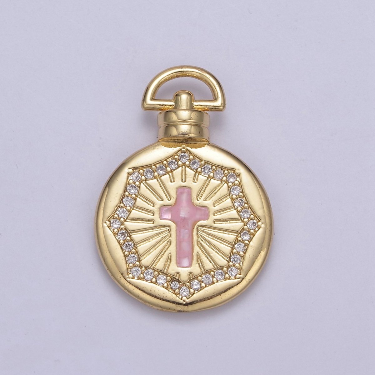 Dainty Gold Pink Shell Cross Pendant Micro Pave Round Medallion Pink / White Shell Religious Jewelry Making H-613 H-618 - DLUXCA