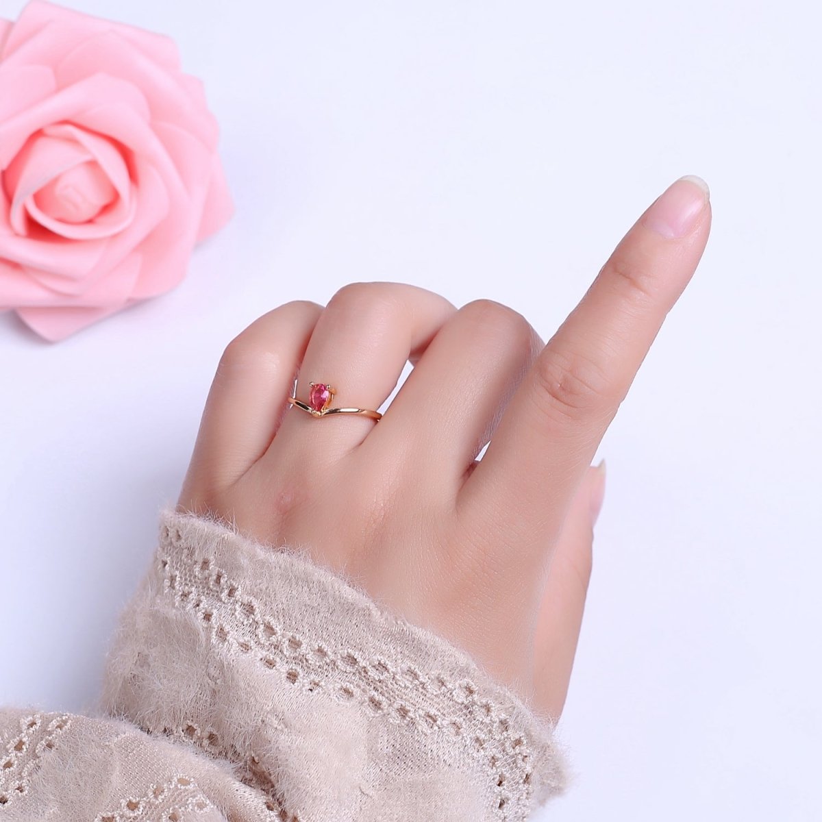 Dainty Gold Pink Tear Drop CZ Ring Open Adjustable S-509 - DLUXCA
