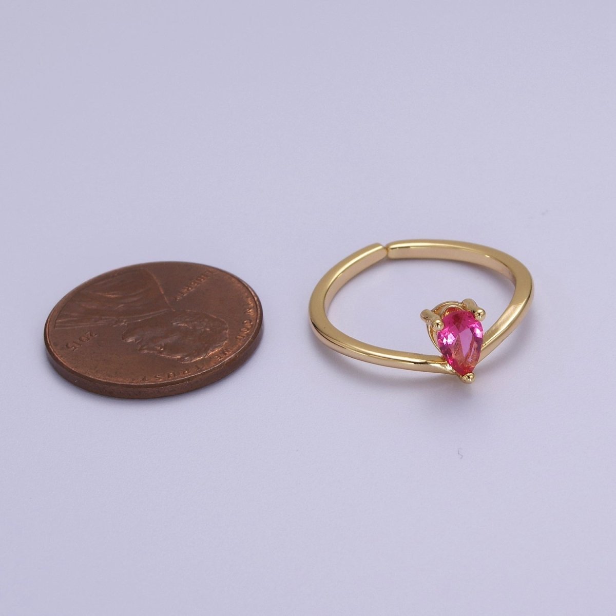 Dainty Gold Pink Tear Drop CZ Ring Open Adjustable S-509 - DLUXCA