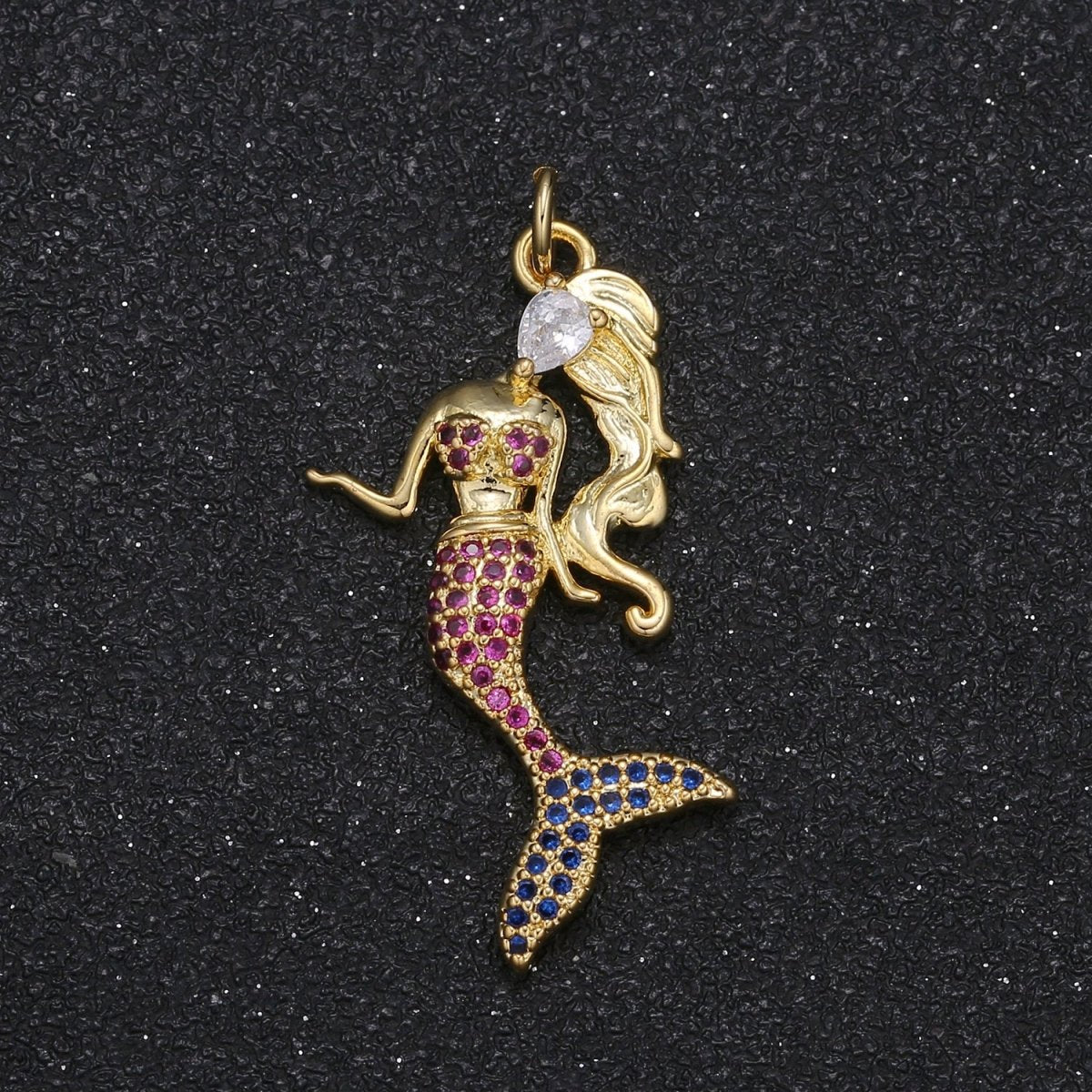 Dainty Gold Plated Mermaid Charm CZ Crystal Beauty Mythic Creature Golden Charm Pendant GP-047 - DLUXCA