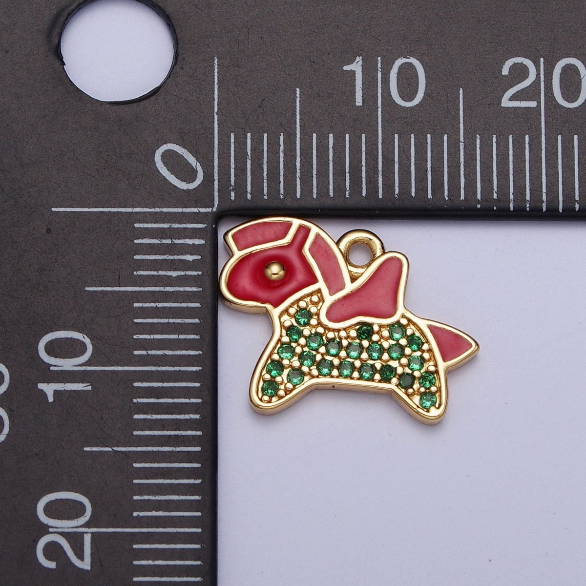 Dainty Gold Pony Pegasus Charm, Red Enamel & Green Micro Paved Cubic Zirconia Animal Pendant AG-119 - DLUXCA