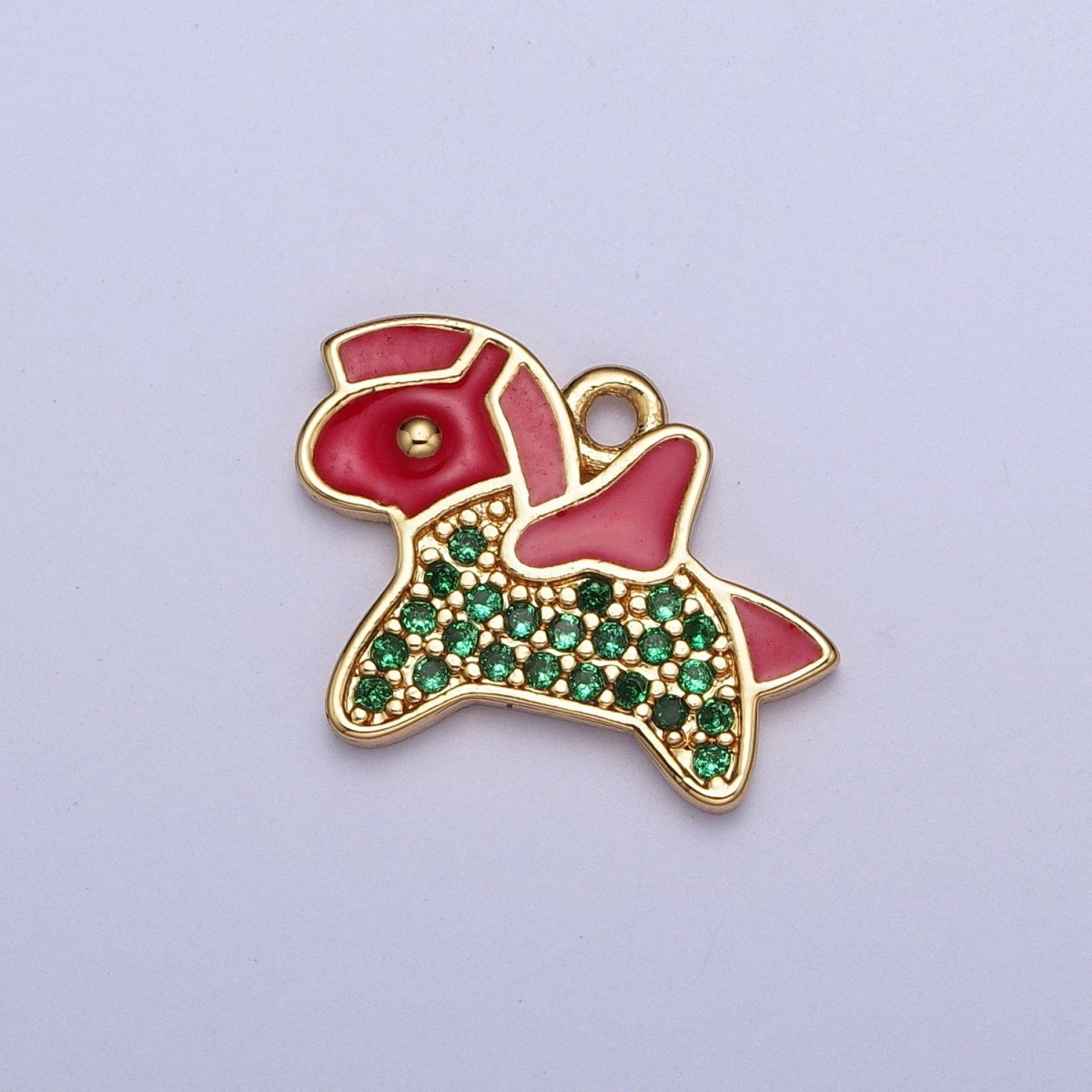 Dainty Gold Pony Pegasus Charm, Red Enamel & Green Micro Paved Cubic Zirconia Animal Pendant AG-119 - DLUXCA