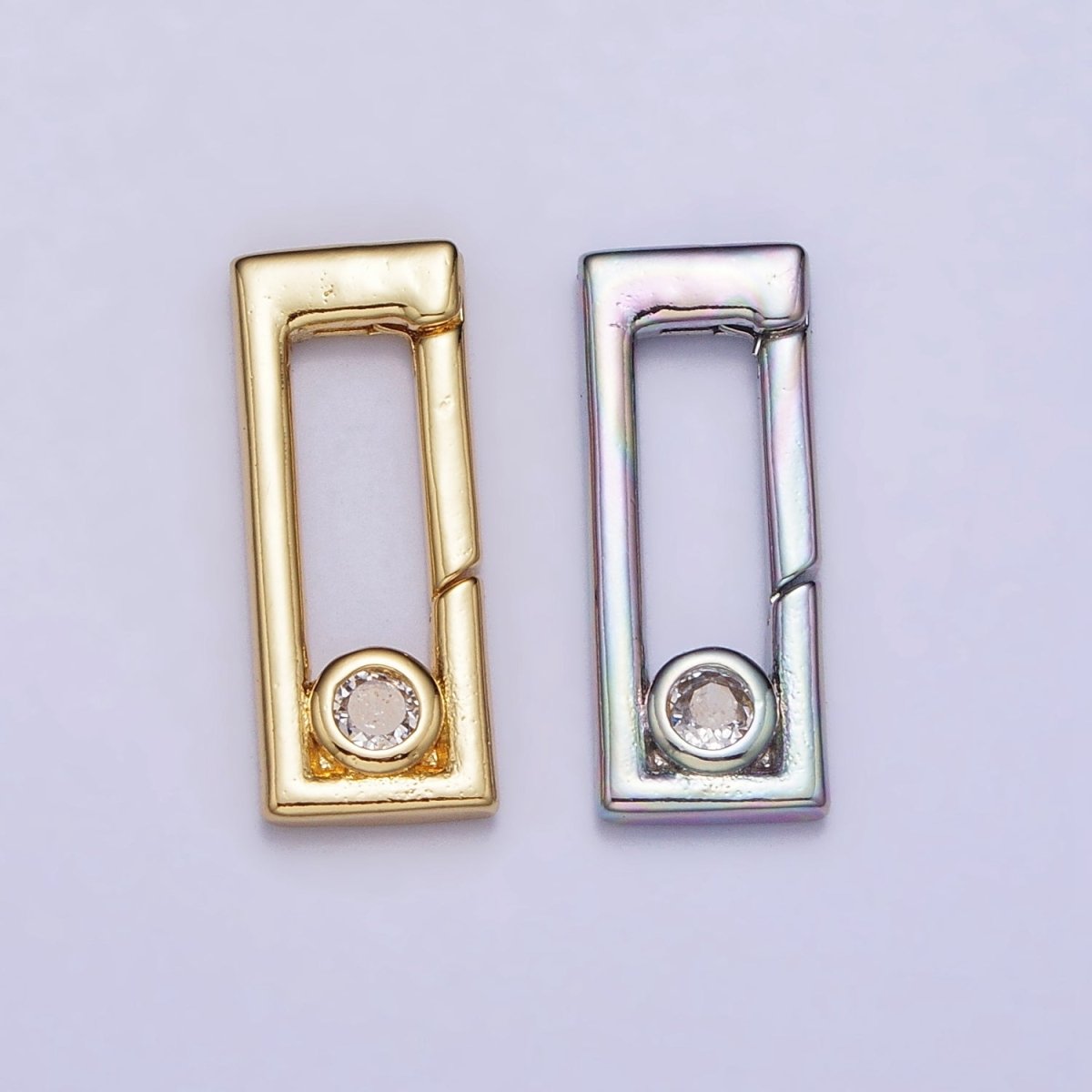 Dainty Gold Rectangle Clasp, Silver Hinged Clasp, Geometric Push Clasp Spring Gate Clasp with Micro Pave Safety Clasp Enhancer Z-350 Z-351 - DLUXCA
