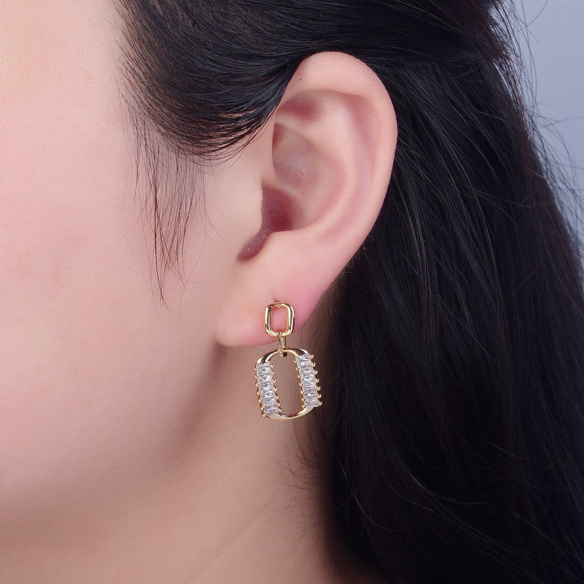 Dainty Gold Rectangle Post Earring with Clear Baguette Drop Earring Stud V-437 - DLUXCA