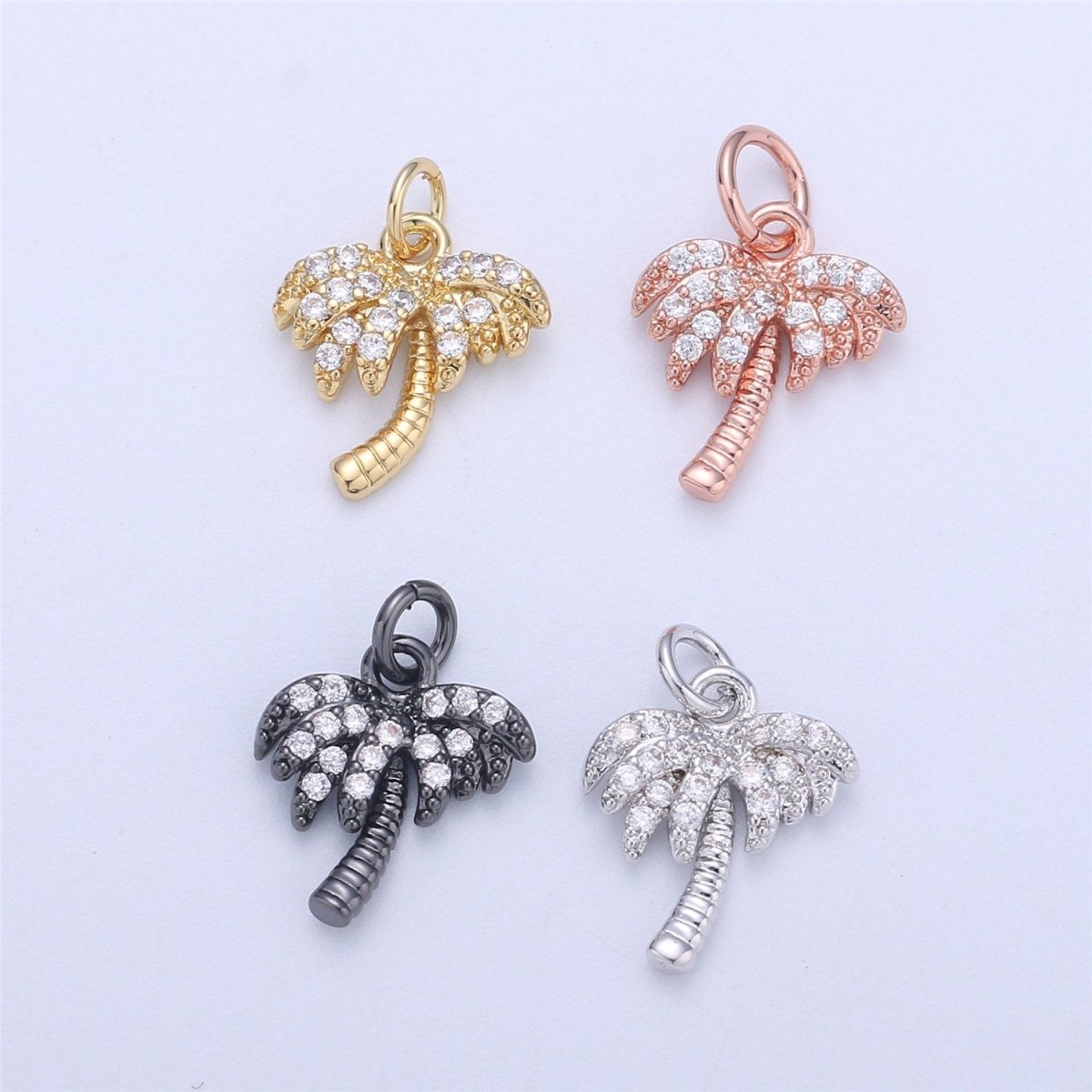Dainty Gold, Rose Gold, Black, Silver Palm Tree Charm - Pendant, Micro Pave Cubic CZ Crystal Pendant Gold filled, C-841 - DLUXCA