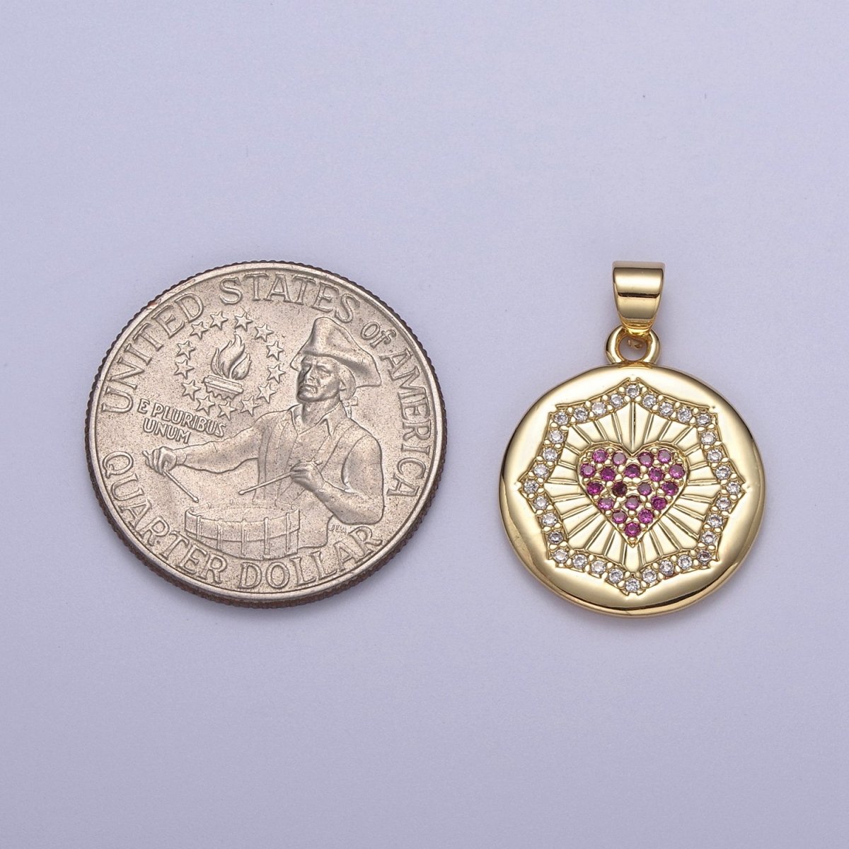 Dainty Gold Round Coin Pendant with Micro Pave Heart Charm H-543 - DLUXCA