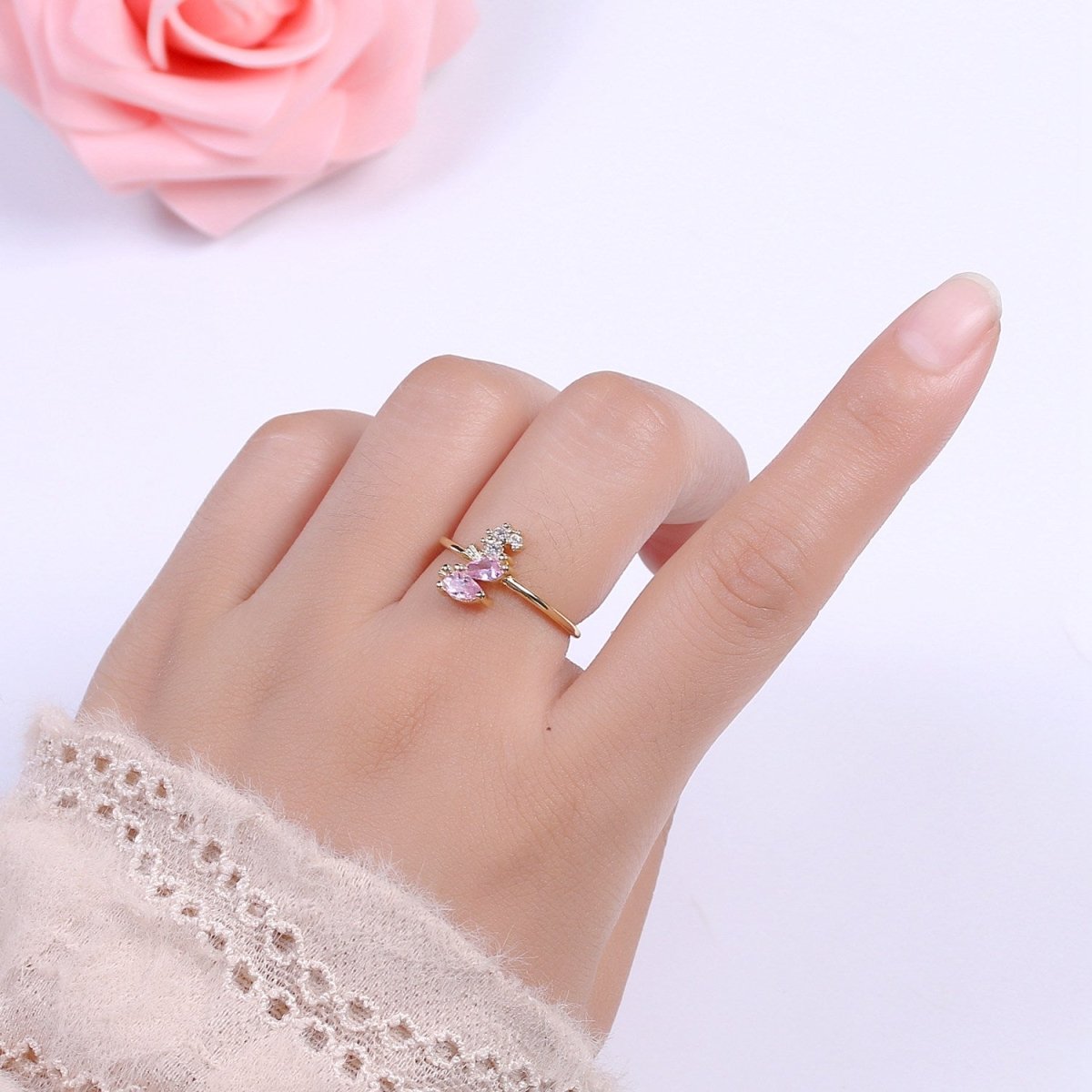 Dainty Gold Sea Horse ring, Gold Mini Animal Ring, Dainty Stackable Rings, Open Adjustable Ring CZ Under The Sea Inspired S-167 - DLUXCA