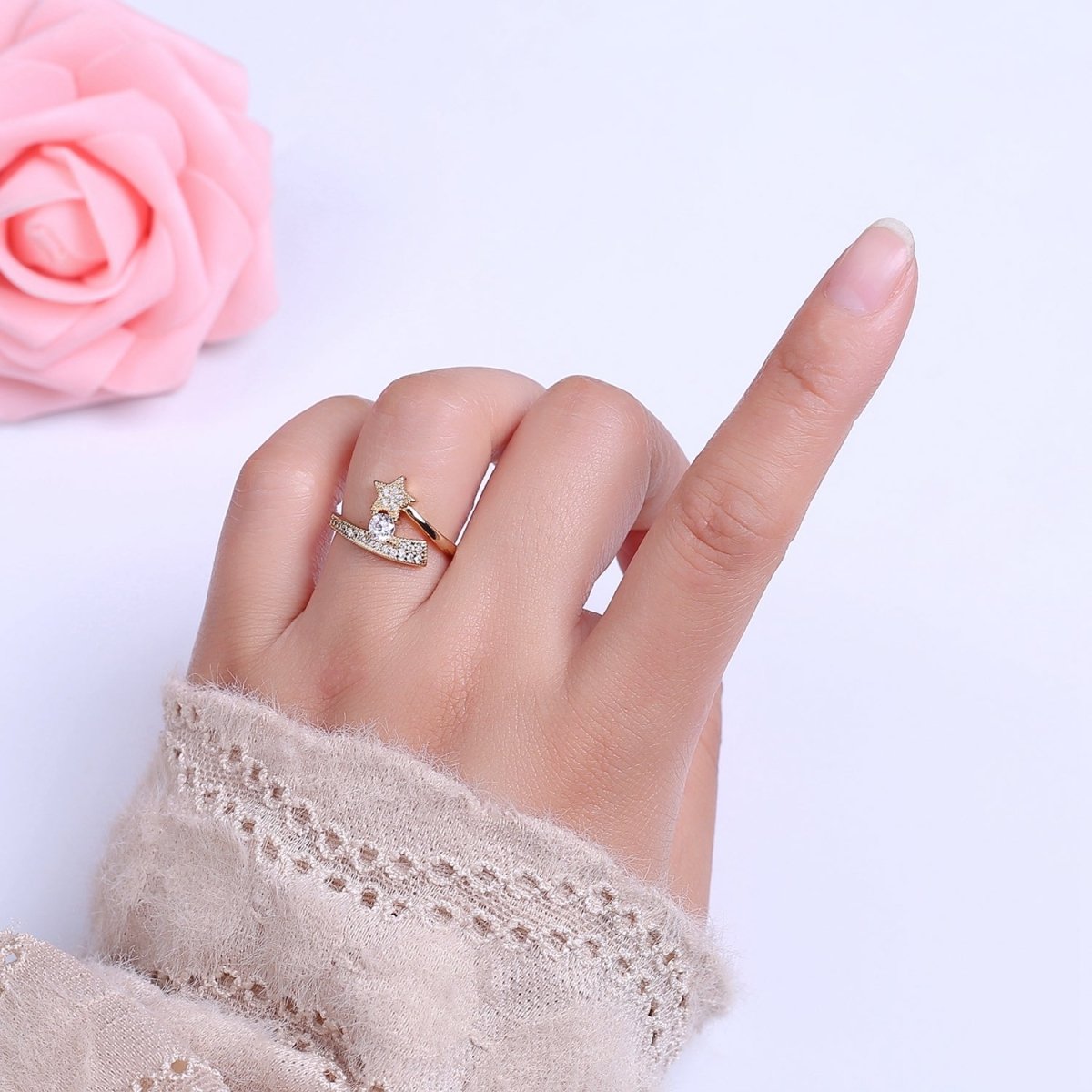 Dainty Gold Shooting Star Ring Clear Cz Celestial Ring Jewelry Minimalist Ring S-530 - DLUXCA