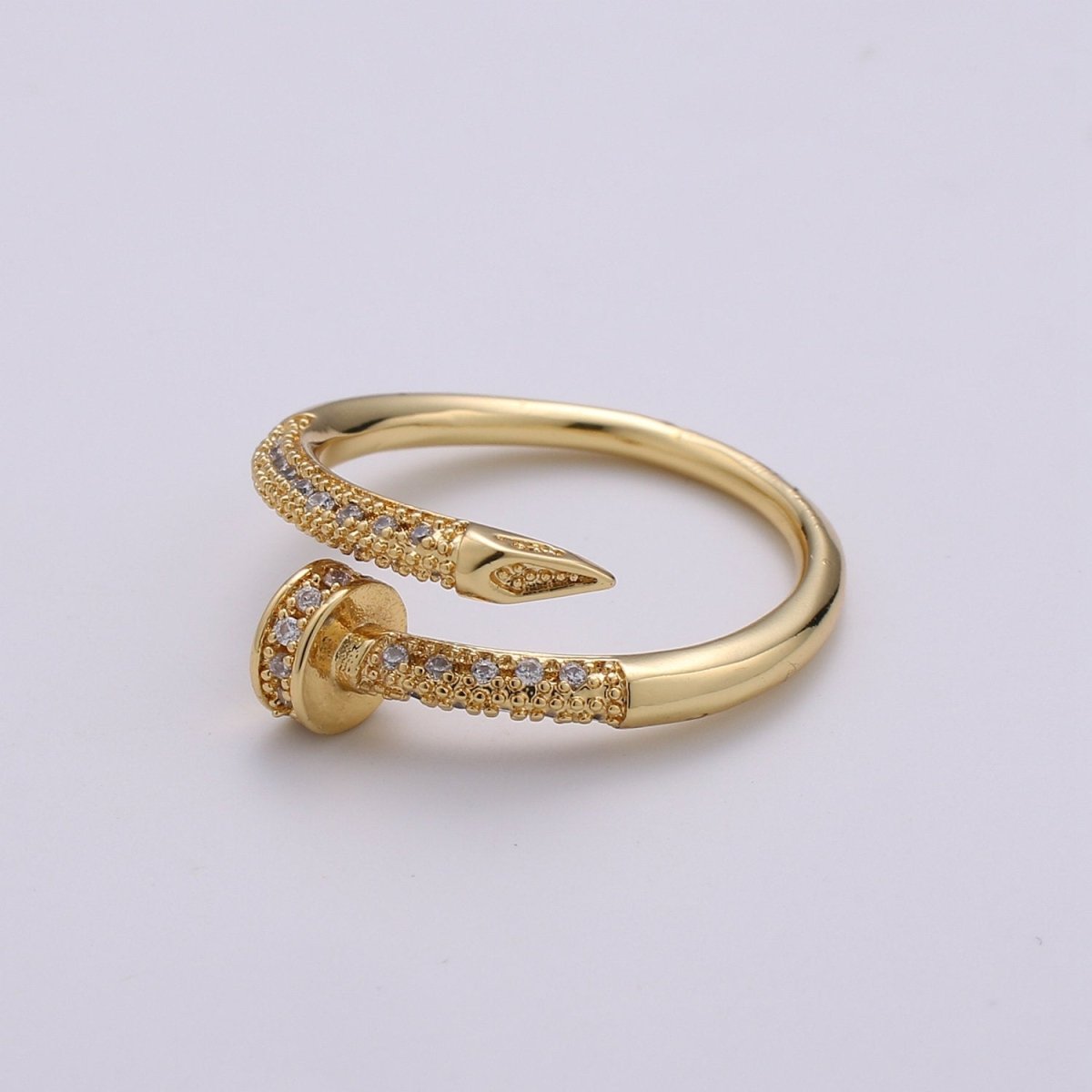 Dainty Gold Spiral Needle Ring Design Minimalist Modern Trending Stackable Streetwear Open Ring Accessory Micro Pave Adjustable Ring R-101 - DLUXCA