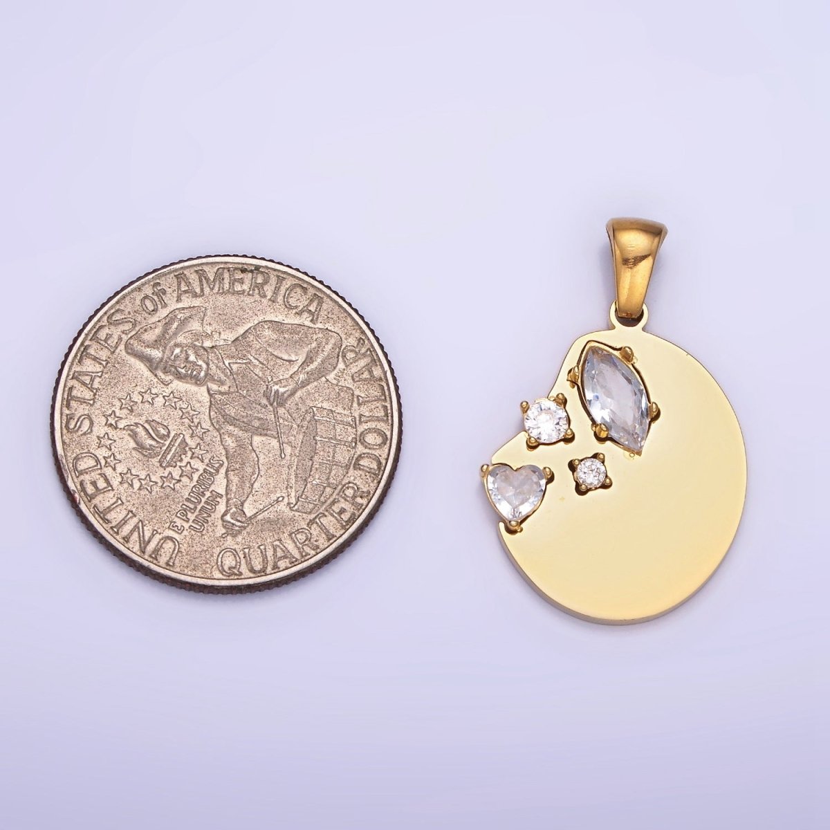 Dainty Gold Stainless Steel Abstract Coin Charm with Clear Crystal cz Stone | P1395 - DLUXCA