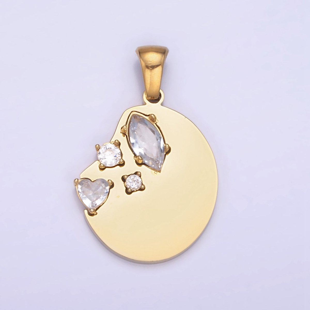 Dainty Gold Stainless Steel Abstract Coin Charm with Clear Crystal cz Stone | P1395 - DLUXCA