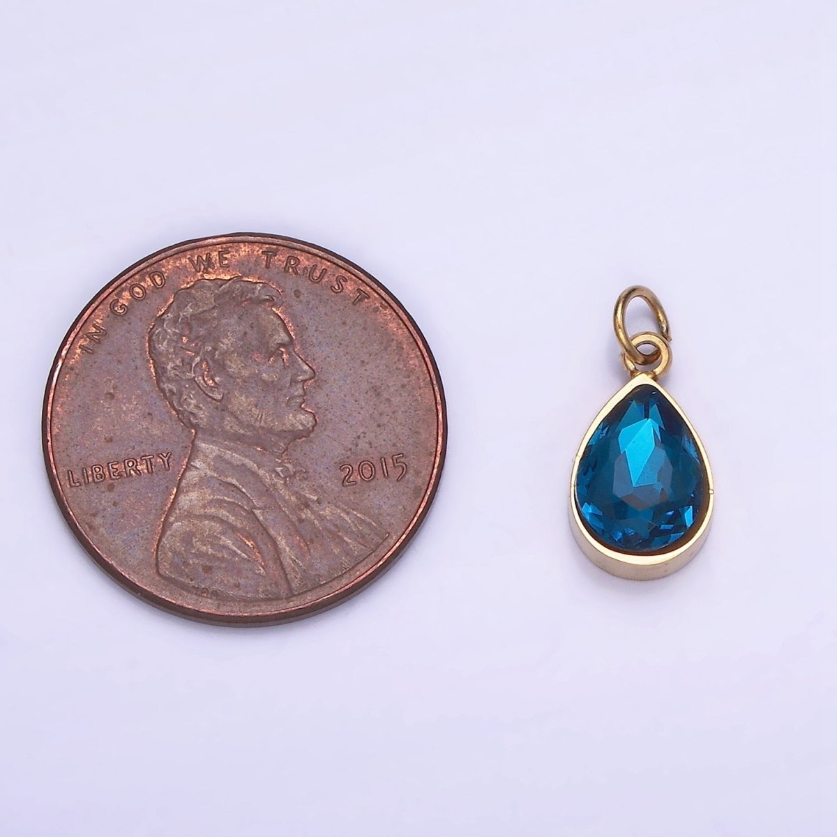 Dainty Gold Stainless Steel Blue Teardrop Crystal Charm | P1406 - DLUXCA